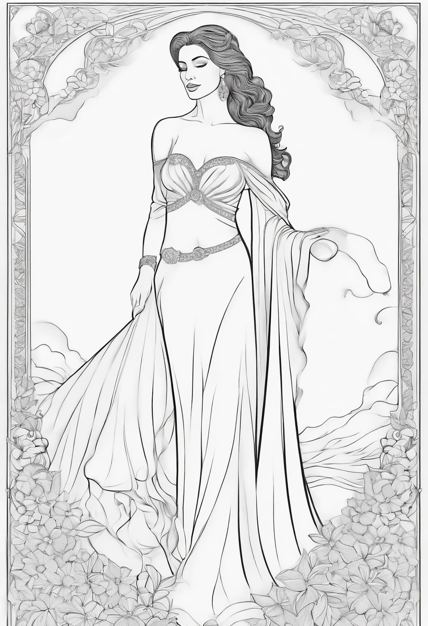 coloring page outline of a female figure, full body, only the outline of the body, no background