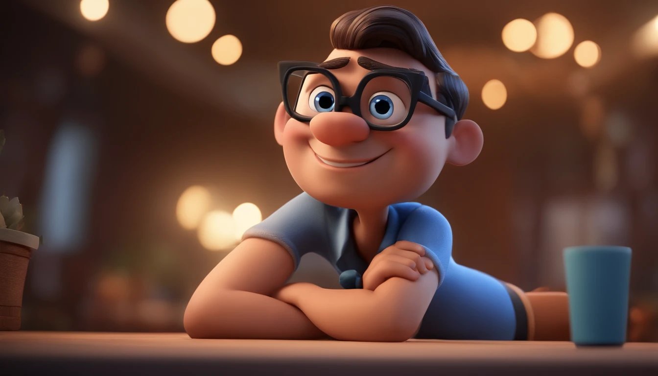 Cartoon character of a man with black glasses and a blue shirt, animation character, Caractere estilizado, animation style rendering, 3D estilizado, Arnold Maya render, 3 d render stylized, toon render keyshot, Personagem 3D, Personagem 3D, 3d rendering stylized, 3 d character render, personagem de desenho animado, Personagem de close up, Pose de personagem,  (Estilo Pixar) (master part:1.2) (Bokeh) (best quality) (pele detalhada) (textura detalhada) (8k) (argila) (Cinematic lighting) (foco nítido