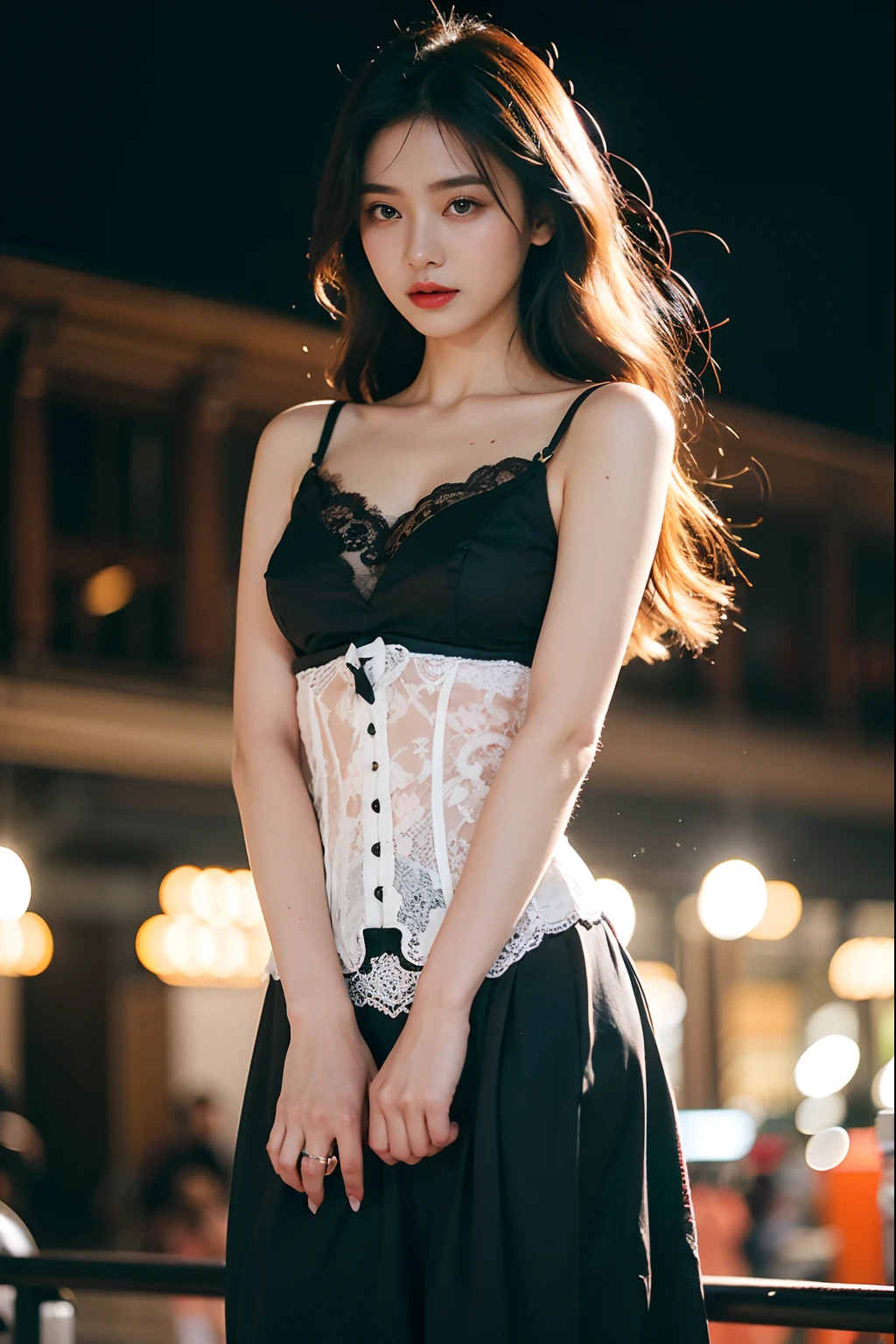 Close-up of a woman in a black dress holding her wallet, wings lace wear, by Yang J, korean women's fashion model, Black lace, elegant corset, wings black lace wear, ulzzangs, Lace, By Ni Tian, bladed wings lace wear, Sexy :8, lacey, dream magical、aethereal、darkly, Sexy style, Gorgeous lady
