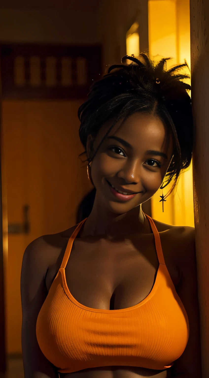 mature african girl, very dark skeen, smiling, big boobs, super big breasts, nice lips, halter top orange