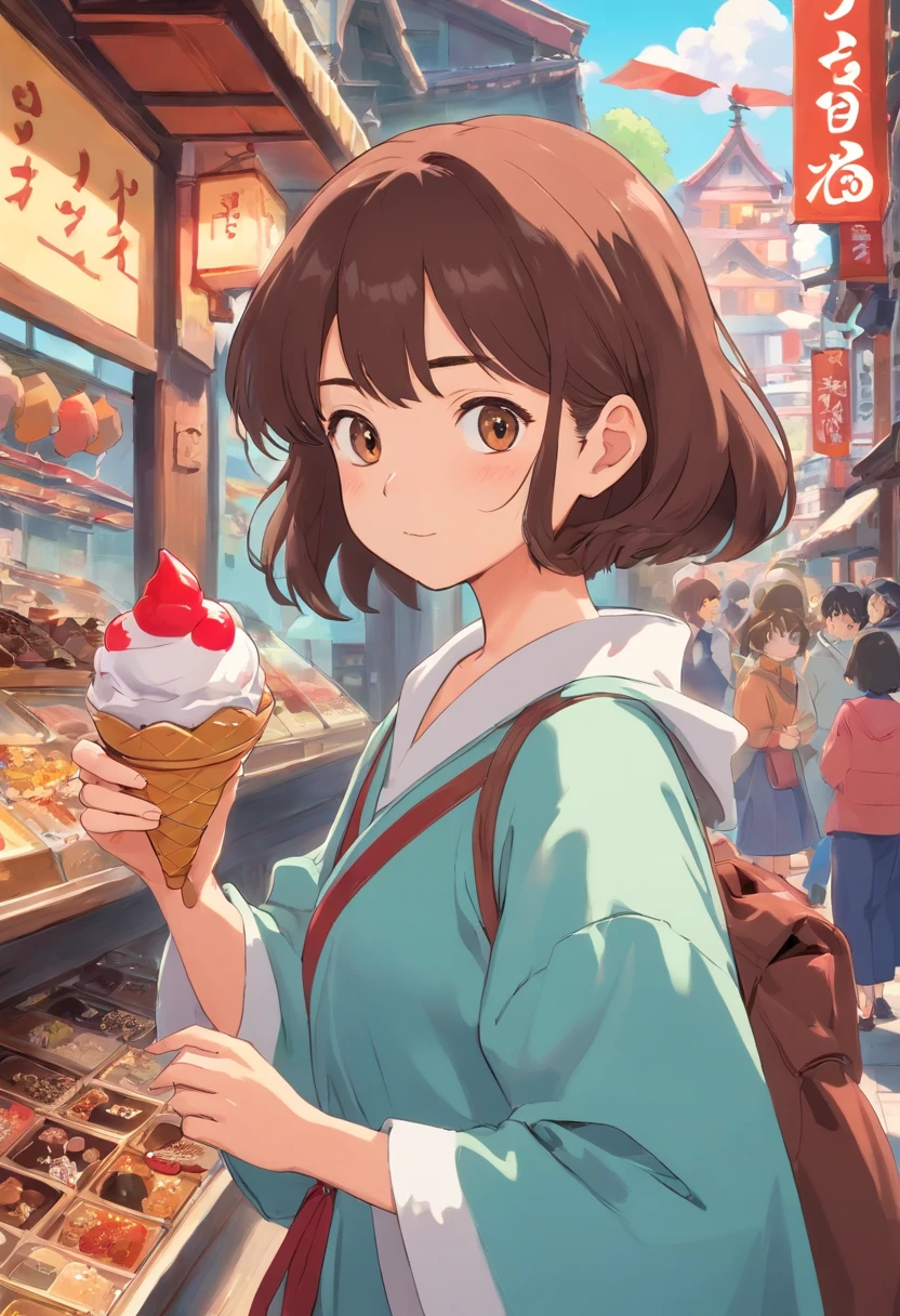Woman wearing a face mask holding a stick covered with chocolate, chiho, ice cream on the side, 🔞🤡, 8K)), # nffsw, #nffsw, unknown artist, in Tokyo under, omina tachibana, by Emma Andijewska, 奈良美智, 🤬 🤮 💕 🎀