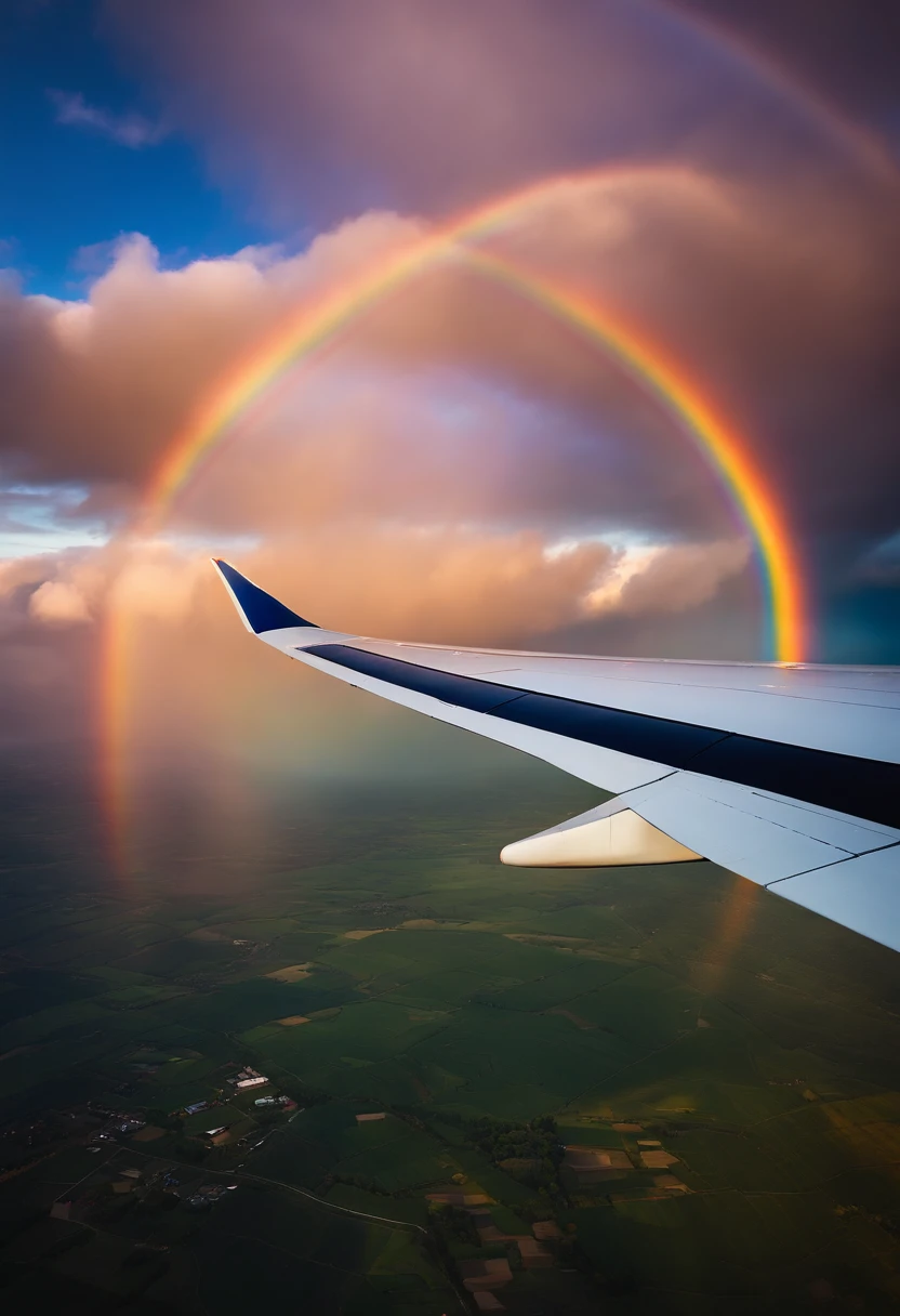 Close-up portrait of an airplane flying in the sky with sunny iridescent clouds, Amazing skies, Amazing skies, Stunning rainbow colors, Vivid iridescent colors, A very colorful heaven, Amazing reflections of the sky, Colorful clouds, Colorful iridescent colors, Rainbow clouds, Rainbow clouds, Iridescent colors floating in the sky, Iridescent reflections, Magnificent iridescent colors, Beautiful rainbow, Colorful sky, Rainbow from the sky、Jumbo Jet