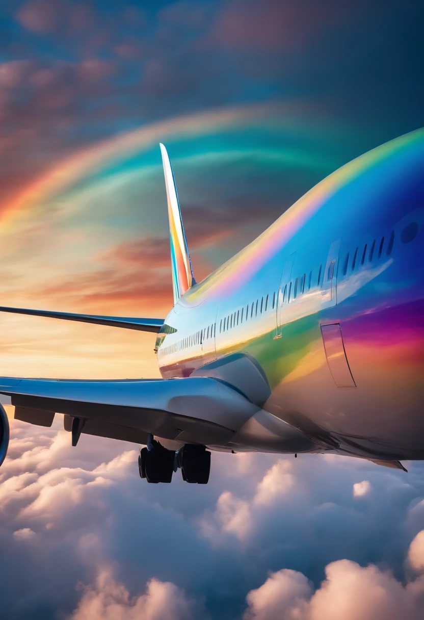 Close-up portrait of an airplane flying in the sky with sunny iridescent clouds, Amazing skies, Amazing skies, Stunning rainbow colors, Vivid iridescent colors, A very colorful heaven, Amazing reflections of the sky, Colorful clouds, Colorful iridescent colors, Rainbow clouds, Rainbow clouds, Iridescent colors floating in the sky, Iridescent reflections, Magnificent iridescent colors, Beautiful rainbow, Colorful sky, Rainbow from the sky、Jumbo Jet