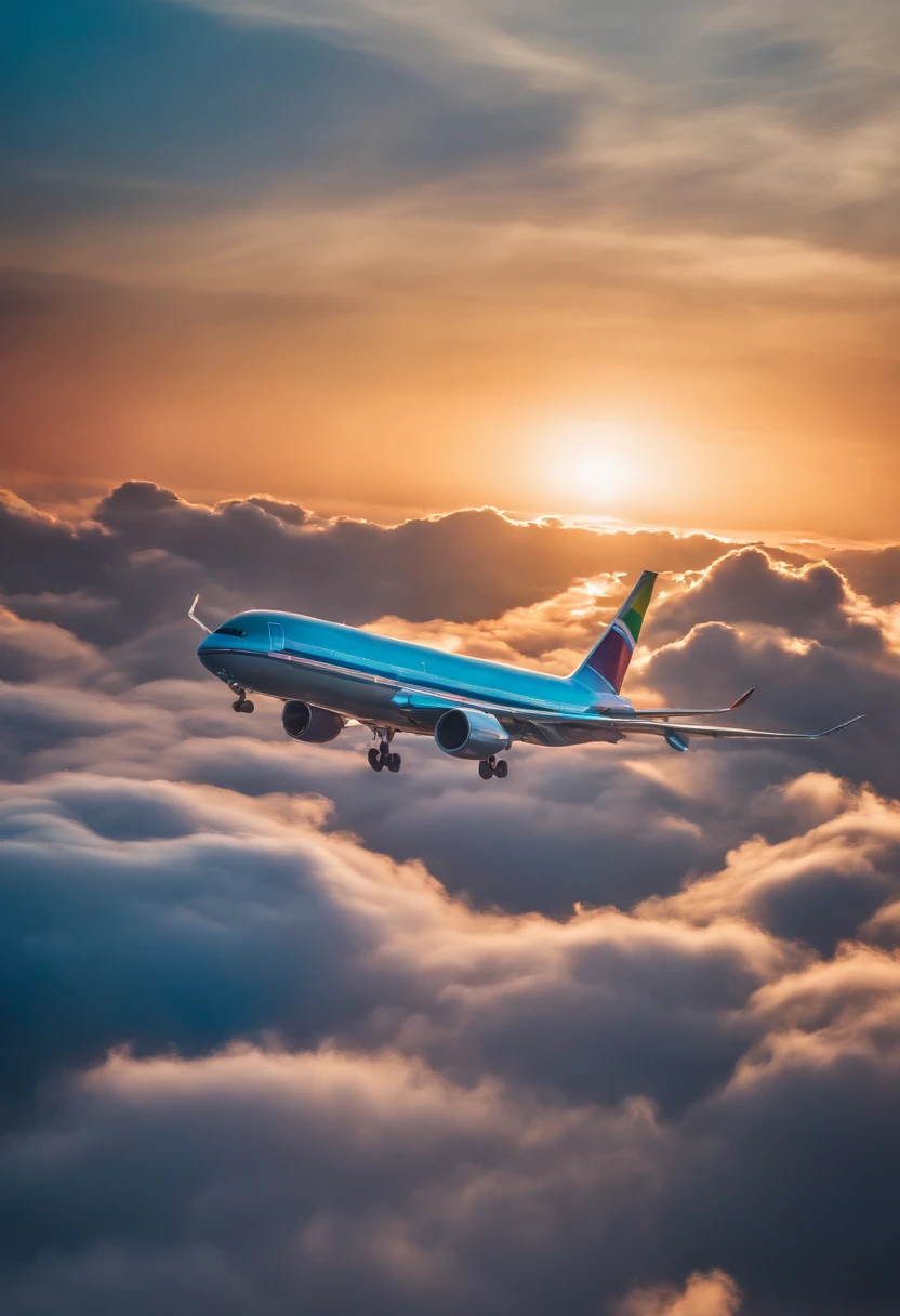 Close-up portrait of an airplane flying in the sky with sunny iridescent clouds, Amazing skies, Amazing skies, Stunning rainbow colors, Vivid iridescent colors, A very colorful heaven, Amazing reflections of the sky, Colorful clouds, Colorful iridescent colors, Rainbow clouds, Rainbow clouds, Iridescent colors floating in the sky, Iridescent reflections, Magnificent iridescent colors, Beautiful rainbow, Colorful sky, Rainbow from the sky、Jumbo Jet