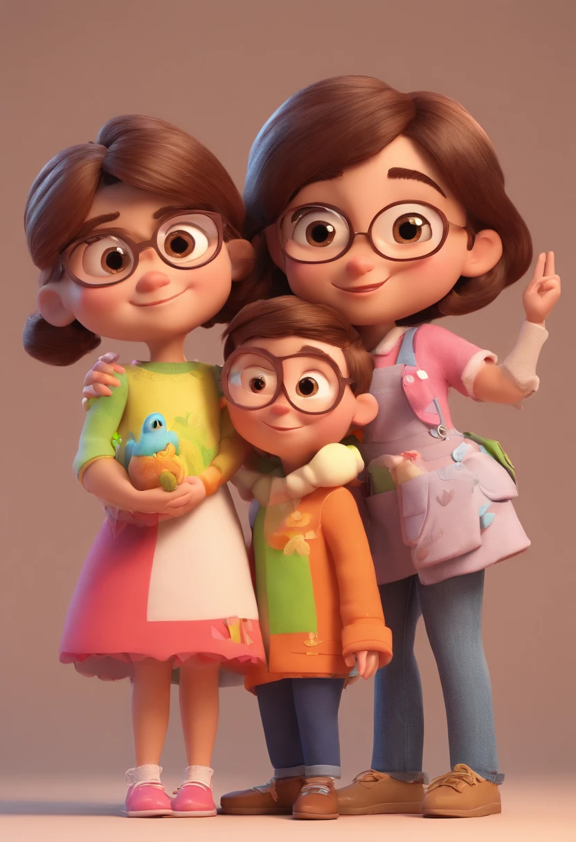 Estilo Pixar: Familia, Um pai, A mother and two girls. Uma menino de 6 anos e outro de 2 anos . Uma fazenda com vacas lindas e marrom .