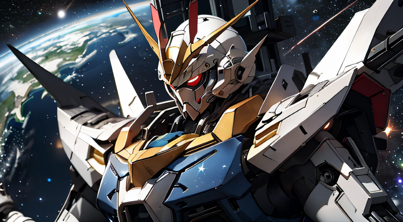 Gundam with blue and red body、Fly in outer space。Earth with stars on background、