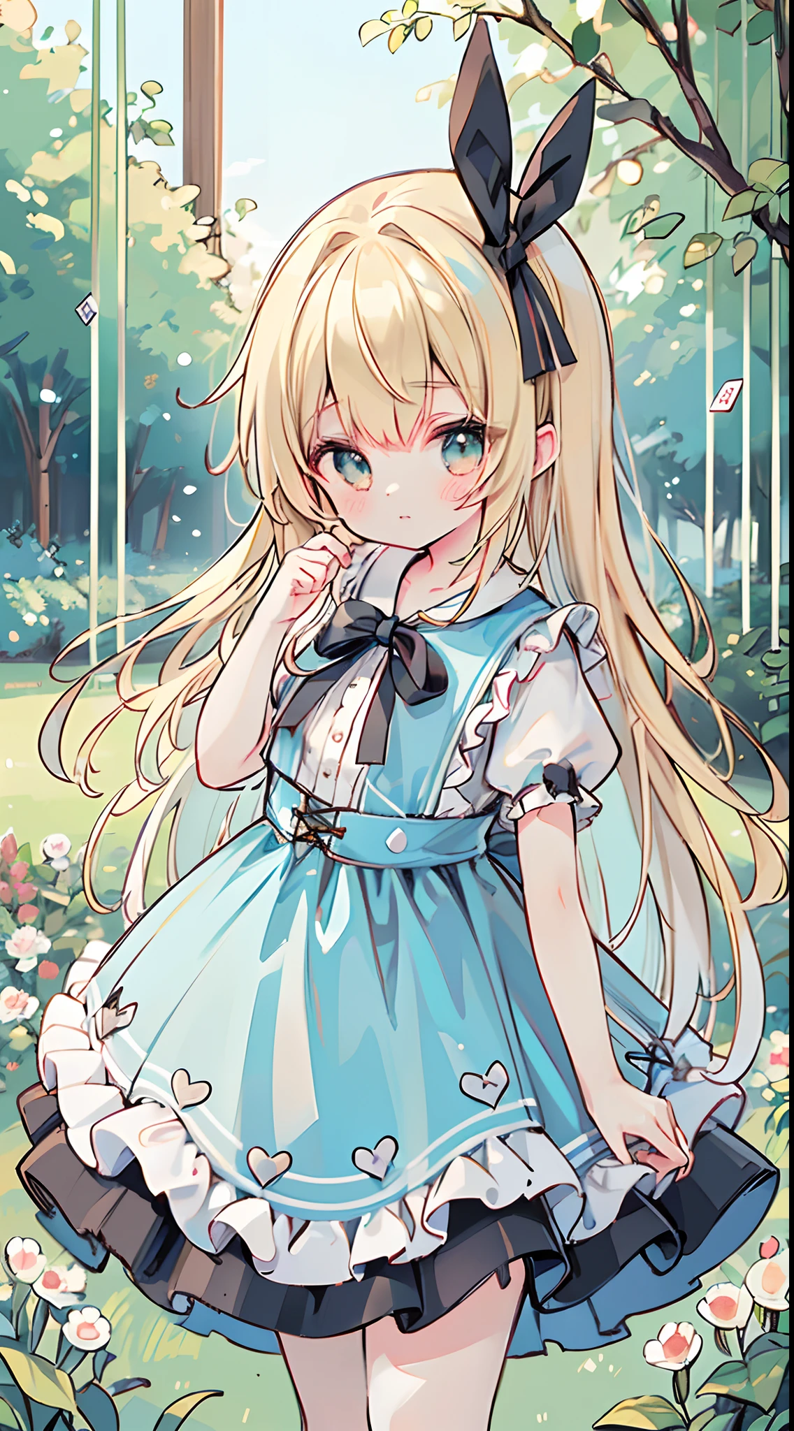 ((masutepiece，Top image quality，Best Quality，8K，​masterpiece))Upper body only，girl1，((alice in the wonderland))，a blond，Long，(Large black ribbon on the head)，Playing cards in the background，Light blue dress，Being in nature，