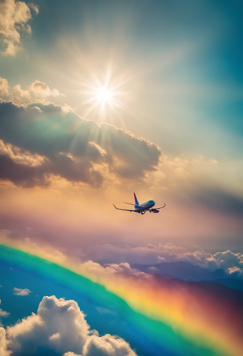 Close-up portrait of an airplane flying in the sky with sunny iridescent clouds, Amazing skies, Amazing skies, Stunning rainbow colors, Vivid iridescent colors, A very colorful heaven, Amazing reflections of the sky, Colorful clouds, Colorful iridescent colors, Rainbow clouds, Rainbow clouds, Iridescent colors floating in the sky, Iridescent reflections, Magnificent iridescent colors, Beautiful rainbow, Colorful sky, Rainbow from the sky、Jumbo Jet