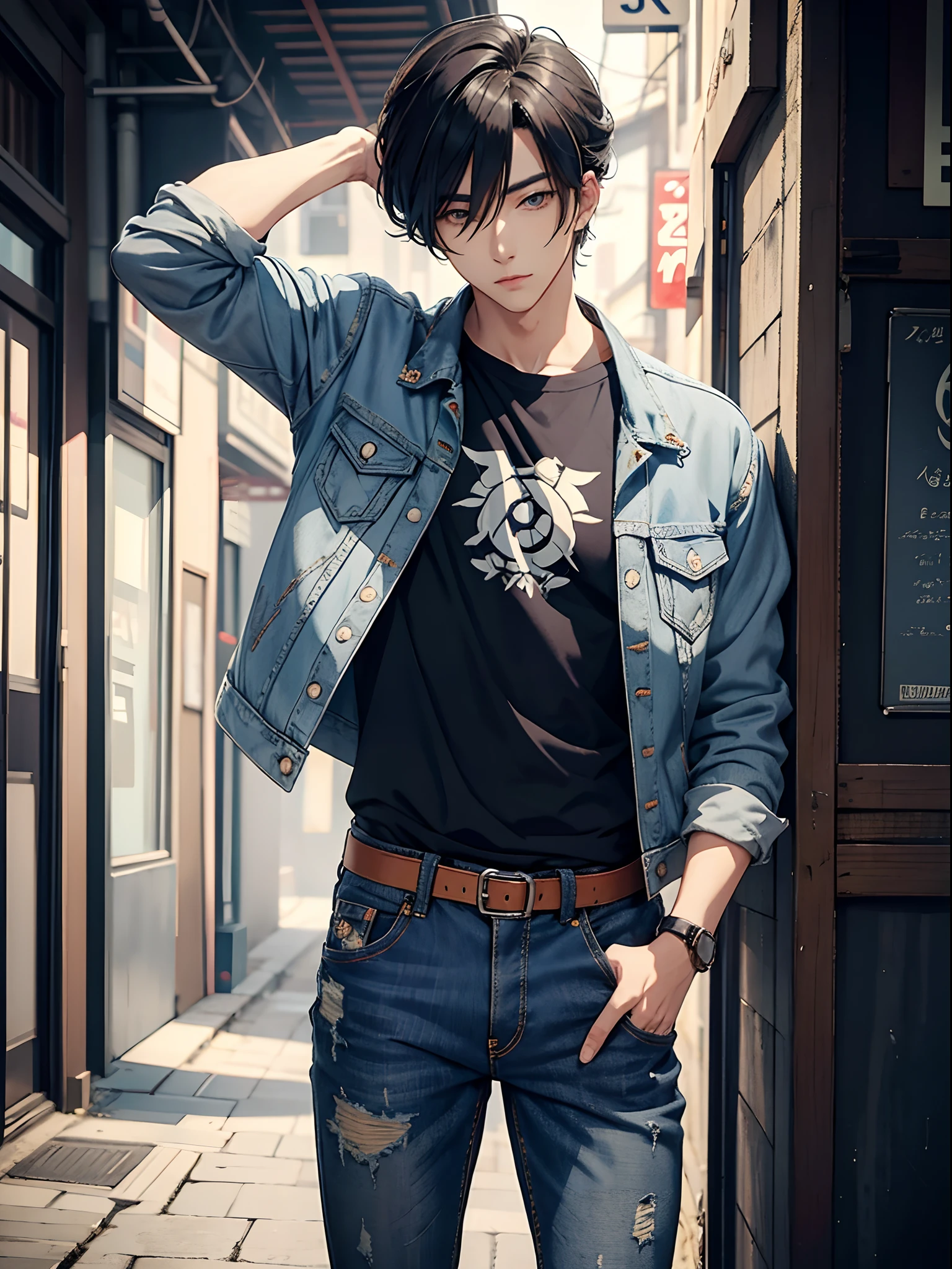 anime handsome man, stylish korean hairstyle, vintage gray denim jacket with embroidery