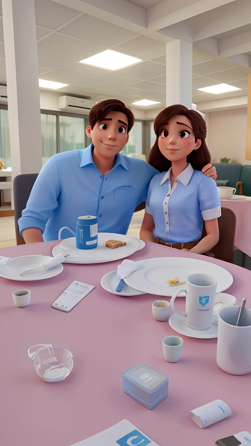 Un casal de novios sentados, She's in a white blouse, he's in a light blue shirt, el novio la agarra de la cintura