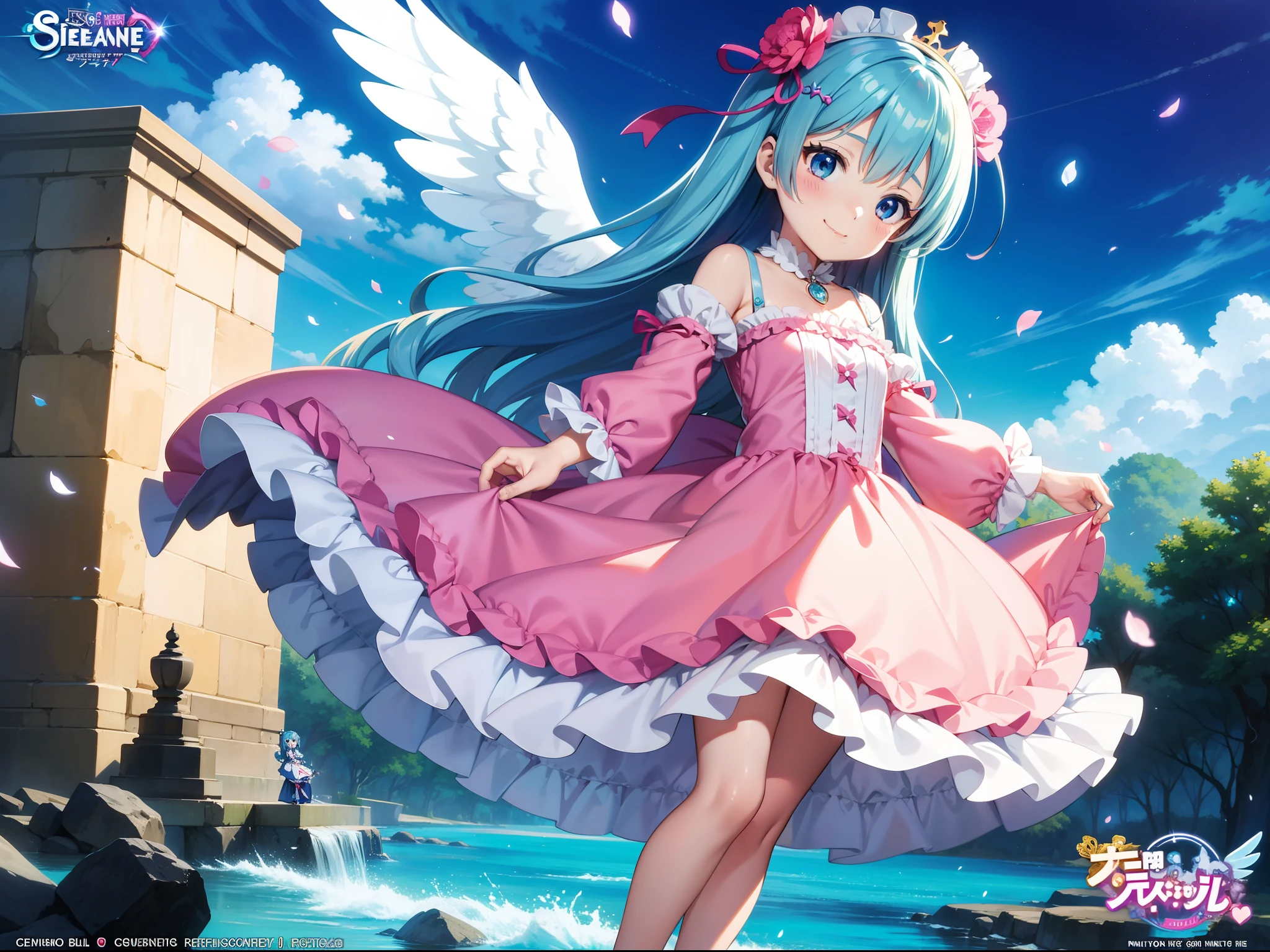 tiny girl adorable smiling With colorful angel wings、Flying in the sky。long hair with blue hair((Chibi Chara))、Girl in cute costume、Chibi Chara、full body Esbian、masutepiece、top-quality、Large in the center Anime girl in pink dress with flowers, Light blue long hair、Twin-tailed、Cute anime waifu in a nice dress, loli in dress, rem rezero, offcial art, Anime princess, Lori, beatrice blue, zerochan art, royal elegant pose, official artwork, splash art anime loli, Pisif, Kushatt Krenz Key Art Women, detailed fan art, Beautiful teenage girl