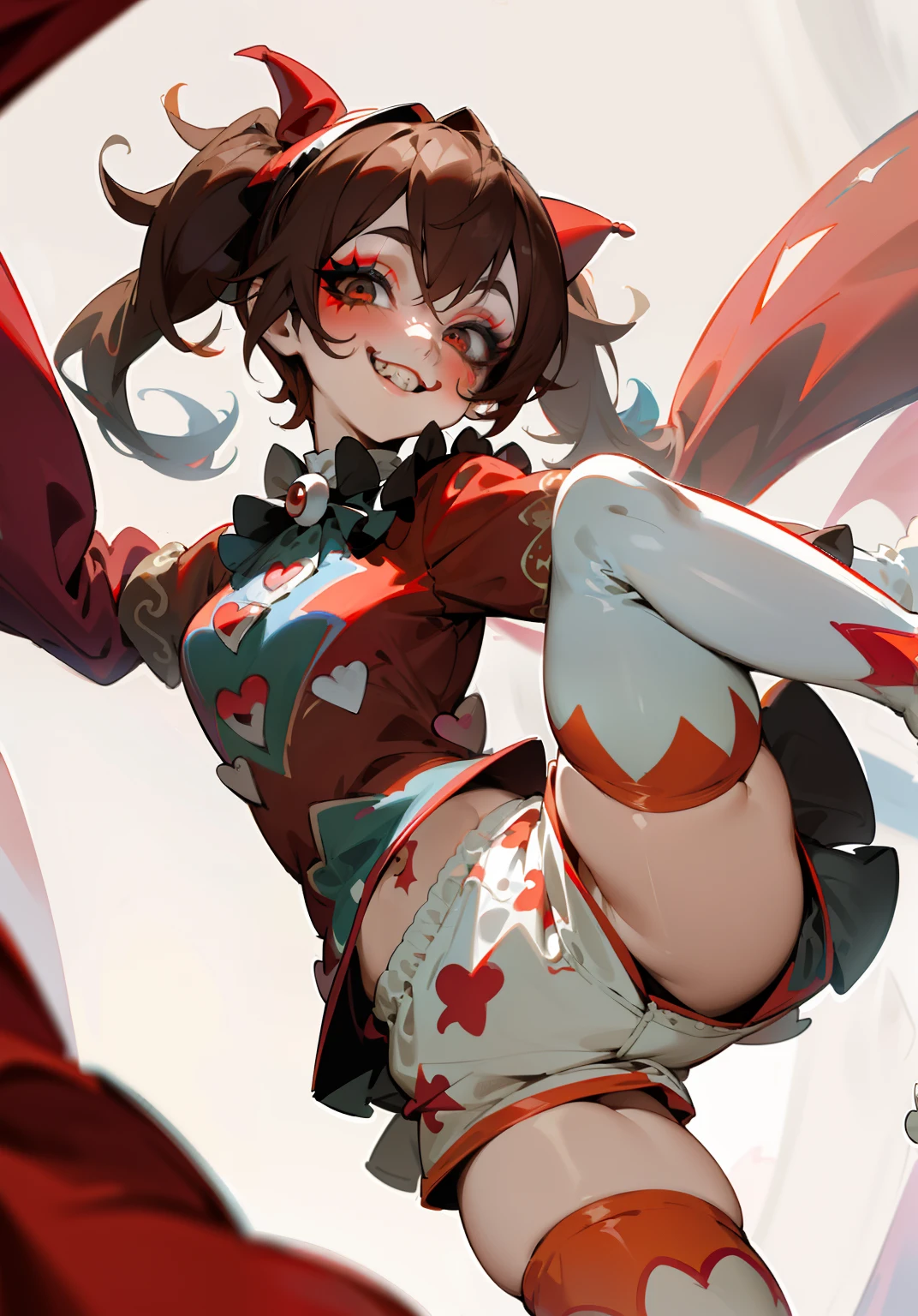 1GIRL, insane clown girl, laughing hesterically, sharp big smiling teeth, bomb, finely detailed, (best quality), (intricate details), cute style, loli, jester style, multicolored, circus background with red curtains, place on fire hell, ((long brown hair in pigtails)), best quality, ((long sleeve shirt and shorts)), ((red and white clothes)), ((jester style clothes)), ((thigh high socks)), ((round eyes)), ((has jester makeup)), beautiful face, happy, cute face, pinup, perfect face, simple background portrait