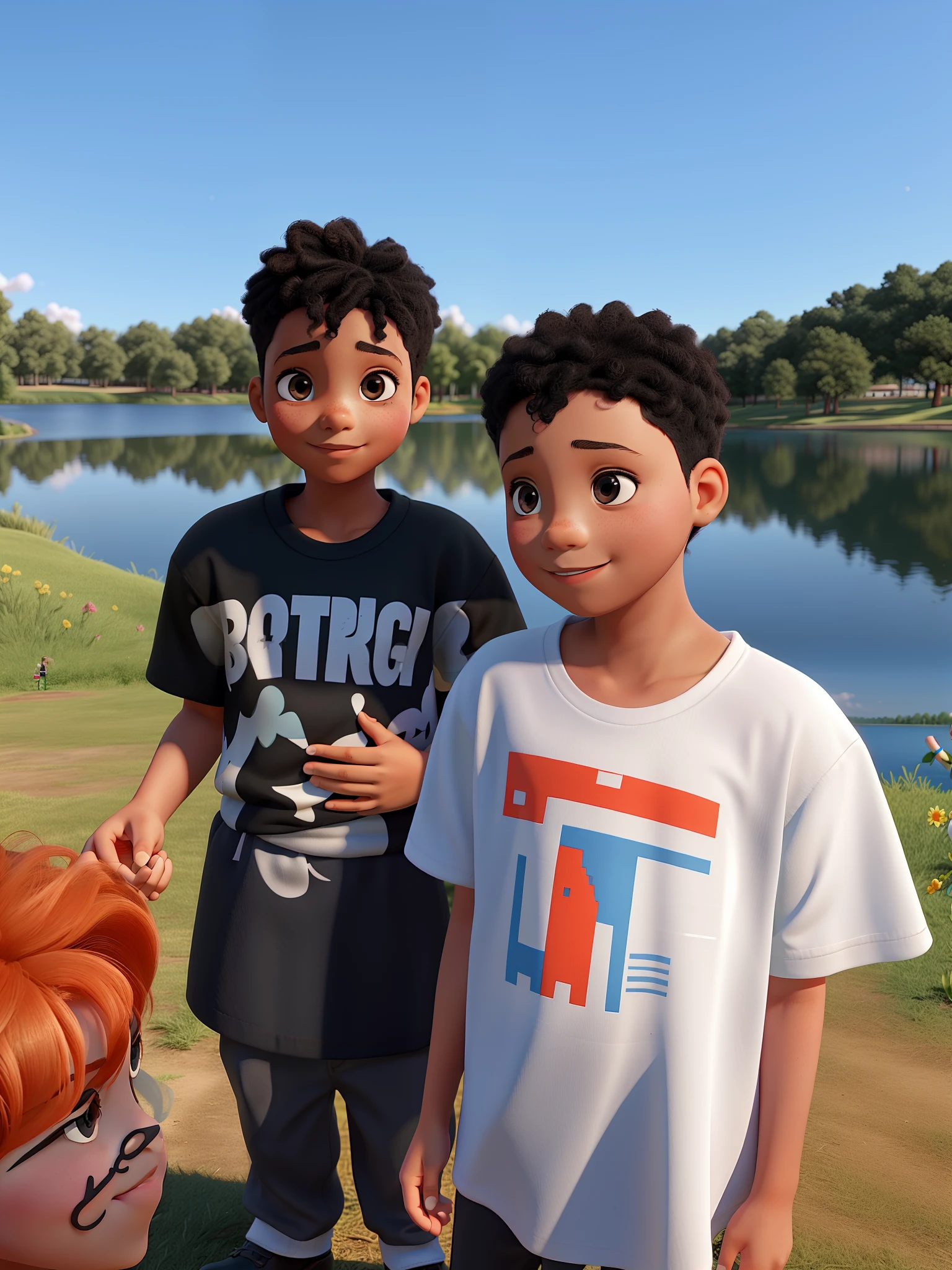 Two children, one in front of the white and the one in the back black with sunlight in a park with a lake in the background.