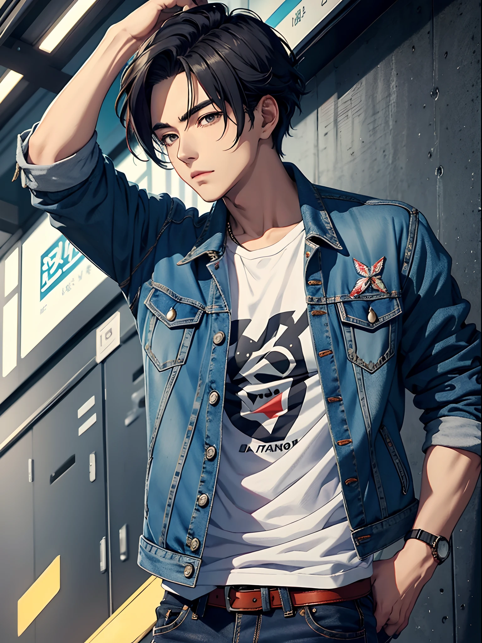 anime handsome man, stylish korean hairstyle, vintage gray denim jacket with embroidery