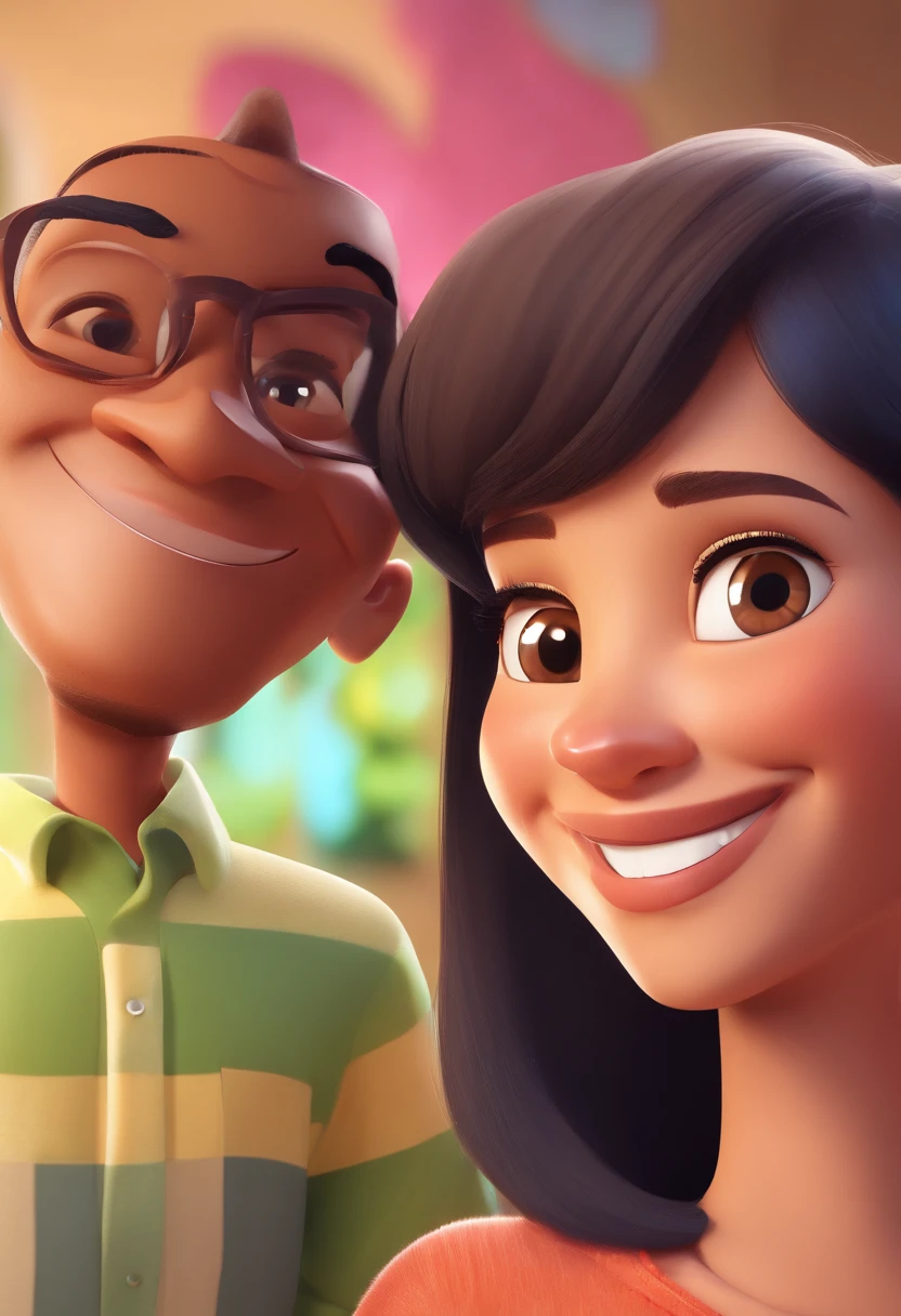 An illustration of an adorable couple, Highlight for a chubby mulatto man with smiling glasses and a brunette woman with beautiful expressive eyes - the man's skin is mulatto and the man's hair has, while the woman's skin is black and the woman's hair is straight and brown. They are a bright room, cada um com um sorriso no rosto, e compartilhar um momento especial caracterizado pelo amor, Insights. Illustrate this scene from a perspective where they are facing the camera, Smiling and Showing Your Connection. Desenvolva esta arte em Full HD, Focus on your cinematic touch, Estilo Disney Pixar Animations