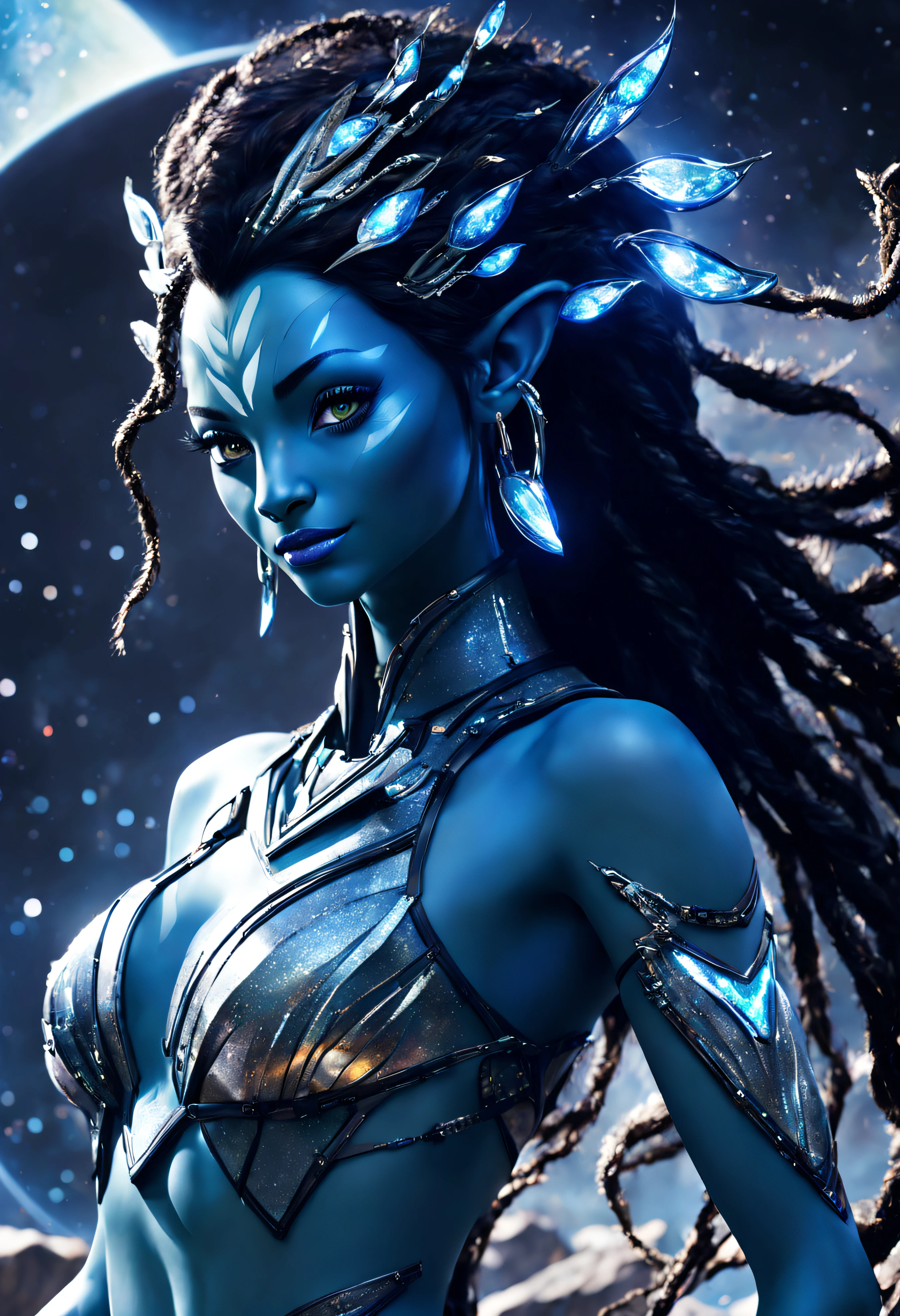 (naytiri de avatar), pelo negro largo enrizado, considerada como una de las razas mas bellas de la galaxia, con una cara, ojos verdes y labios sensuales, con vestido de noche , con incrustaciones de plata, piedras preciosas y diamantes, (se encuentra en centro de control de estacion espacial). hiperrealista, imagen nitida, 8k. imagen cinematografica.