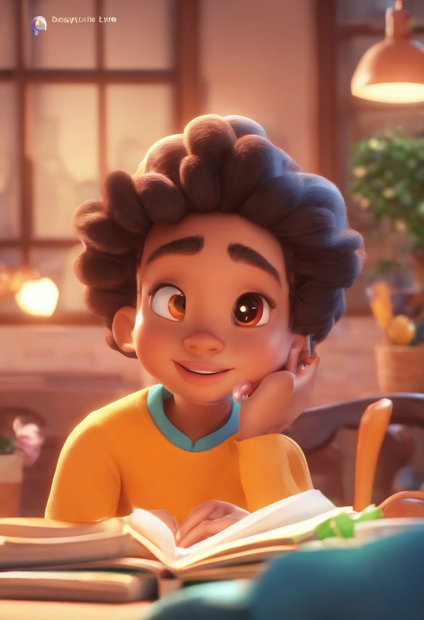 An illustration of an adorable couple, destacando um homem e uma mulher com bonito, Expressive eyes – the man's skin is black and the man's hair is bald and black, while the woman's skin is black and the woman's hair is curly and brown. They are a bright room, cada um com um sorriso no rosto, e compartilhar um momento especial caracterizado pelo amor, arroz, e insights educacionais. Illustrate this scene from a perspective where they are facing away from the camera, Showing Your Connection. Desenvolva esta arte em Full HD, Focus on your cinematic touch, Estilo Disney Pixar Animations