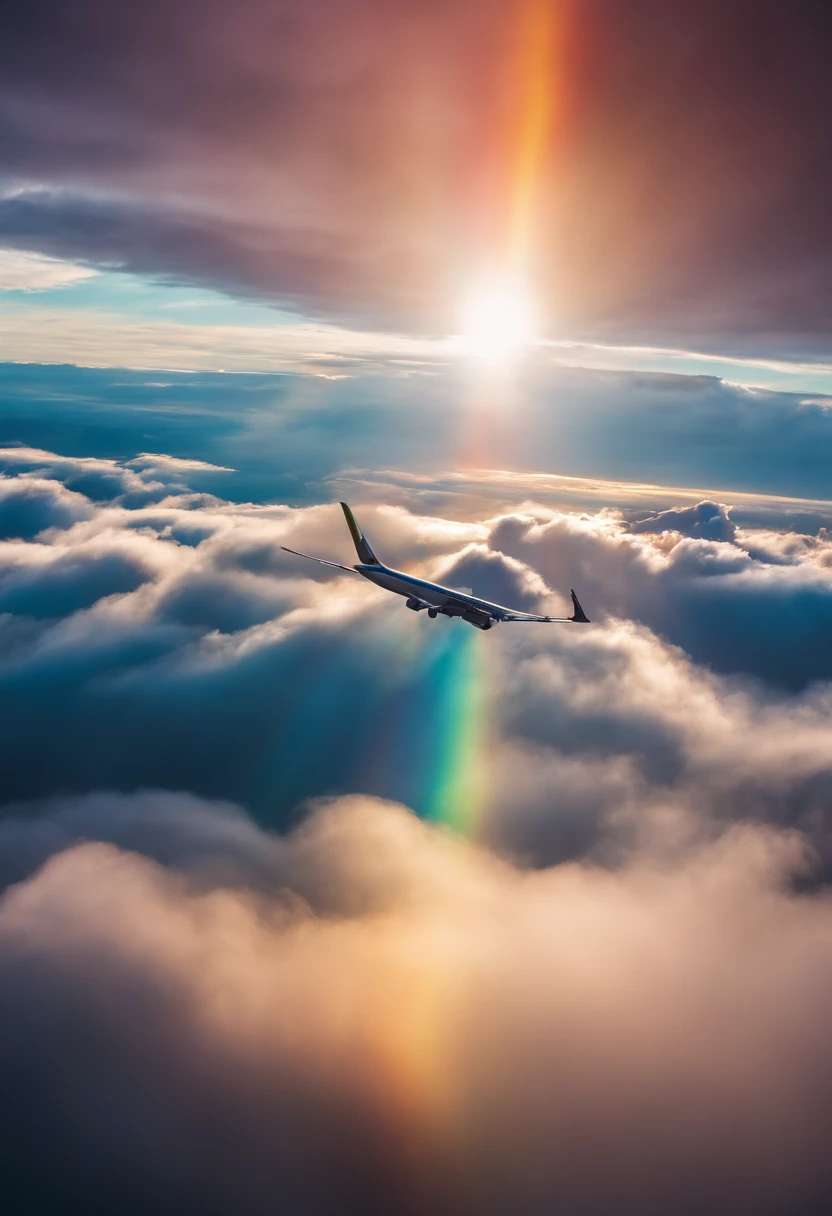 Close-up portrait of an airplane flying in the sky with clear iridescent clouds, Amazing skies, Amazing skies, Stunning rainbow colors, Vivid iridescent colors, A very colorful heaven, Amazing reflections of the sky, Colorful clouds, Colorful iridescent colors, Rainbow clouds, Rainbow clouds, Iridescent colors floating in the sky, Iridescent reflections, Magnificent iridescent colors, Beautiful rainbow, Colorful sky, Rainbow from the sky、Jumbo Jet