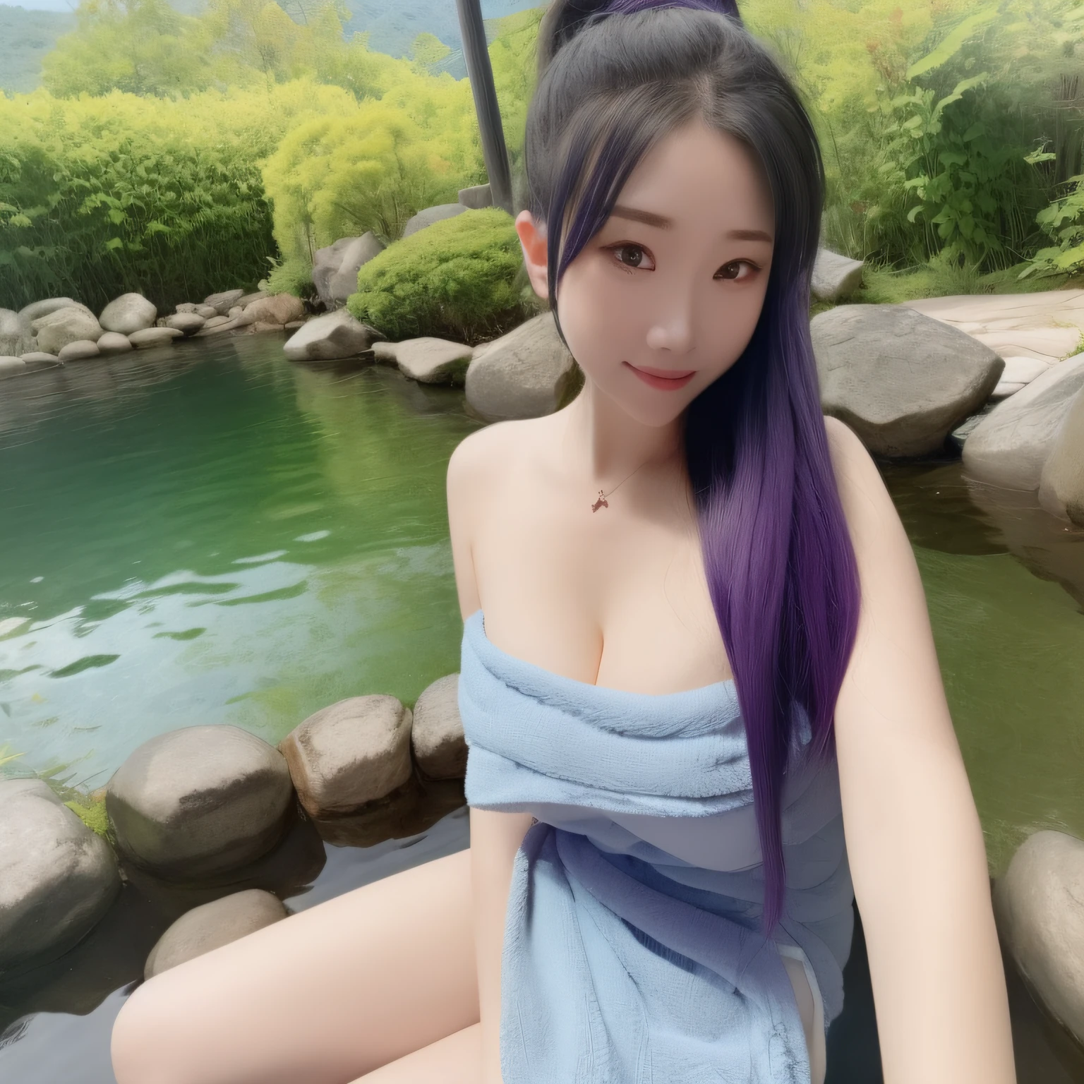 Best quality, 4K, ((Masterpiece)), Extremely detailed, 8K, trending on artstationh, Intricate, High detail, Sharp focus,Outdoors, forest,
1girll, Towels, Black hair, Solo, bucket, Side ponytail, naked towel, Purple eyes, Long hair, Breasts, cleavage, Medium breasts, Onsen,Smile, Sweat, Cowboy shot, Sitting,