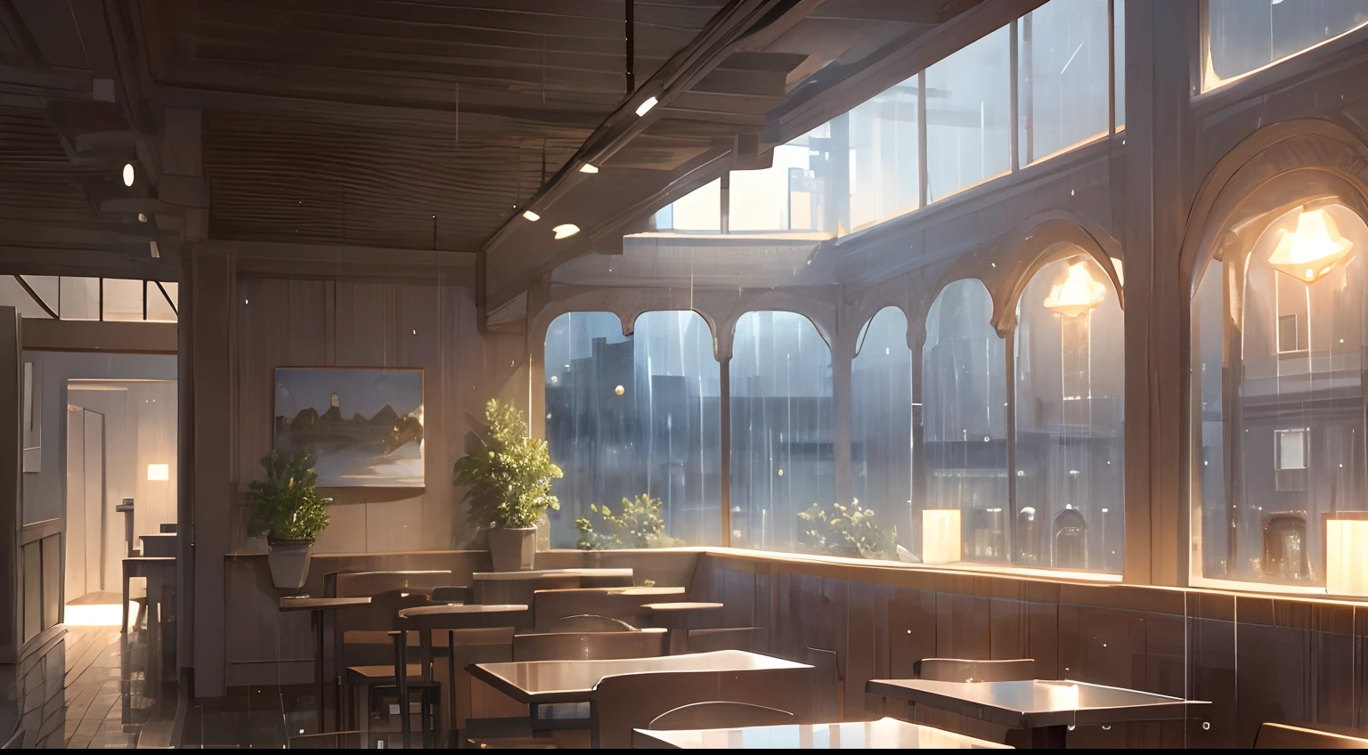 café on a rainy day illustration indoors graphic top quality landscape raining rainy day warm light café interior