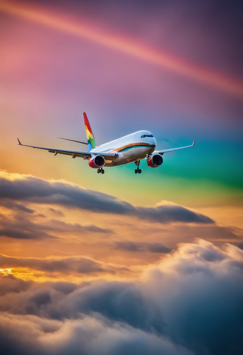 Close-up portrait of an airplane flying in the sky with clear iridescent clouds, Amazing skies, Amazing skies, Stunning rainbow colors, Vivid iridescent colors, A very colorful heaven, Amazing reflections of the sky, Colorful clouds, Colorful iridescent colors, Rainbow clouds, Rainbow clouds, Iridescent colors floating in the sky, Iridescent reflections, Magnificent iridescent colors, Beautiful rainbow, Colorful sky, Rainbow from the sky、Jumbo Jet