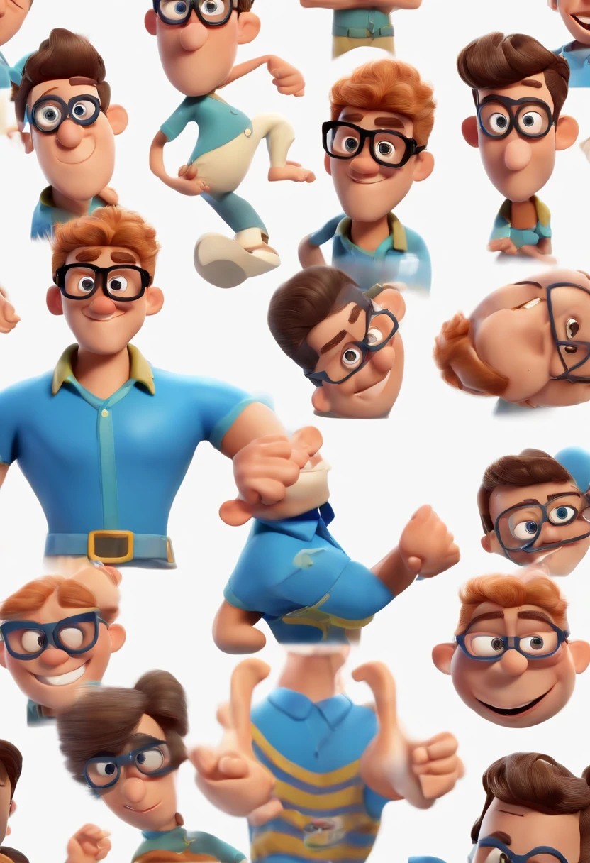 Cartoon character of a man wearing black glasses and a blue shirt, um personagem animado, Caractere estilizado, animation style rendering, 3D estilizado, Arnold Maya render, 3 d render stylized, toon render keyshot, Personagem 3D, Personagem 3D, 3d rendering stylized, 3 d character render, personagem de desenho animado, Personagem de close up, Pose de personagem, (Estilo Pixar) (master part:1.2) (Bokeh) (best quality) (pele detalhada) (textura detalhada) (8k) (argila) (Cinematic lighting) (foco nítido,Senta e vaza a parte superior do corpo