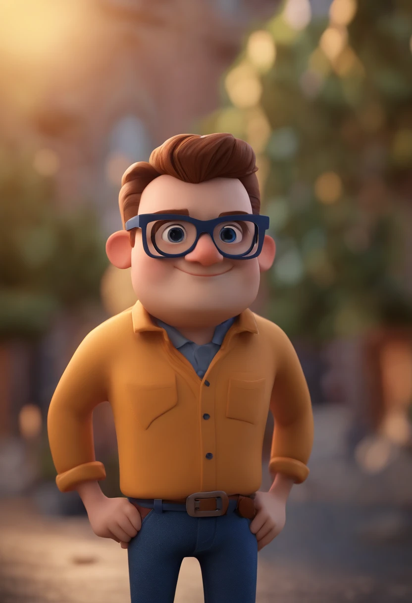 Cartoon character of a man wearing black glasses and a blue shirt, um personagem animado, Caractere estilizado, animation style rendering, 3D estilizado, Arnold Maya render, 3 d render stylized, toon render keyshot, Personagem 3D, Personagem 3D, 3d rendering stylized, 3 d character render, personagem de desenho animado, Personagem de close up, Pose de personagem, (Estilo Pixar) (master part:1.2) (Bokeh) (best quality) (pele detalhada) (textura detalhada) (8k) (argila) (Cinematic lighting) (foco nítido,Senta e vaza a parte superior do corpo