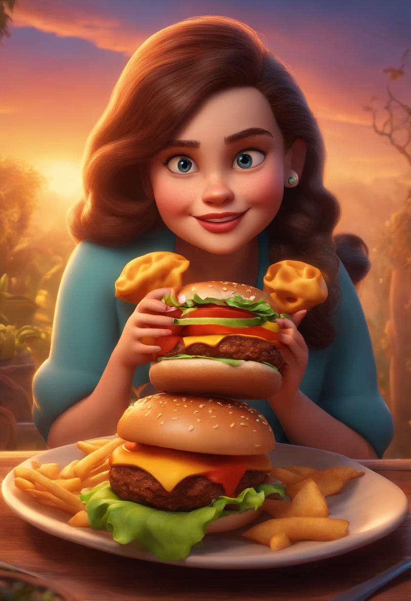 Make a Girl, She's hungry, como Disney Cartoon, She's eating hamburger, Pixar, ..3d, Disney