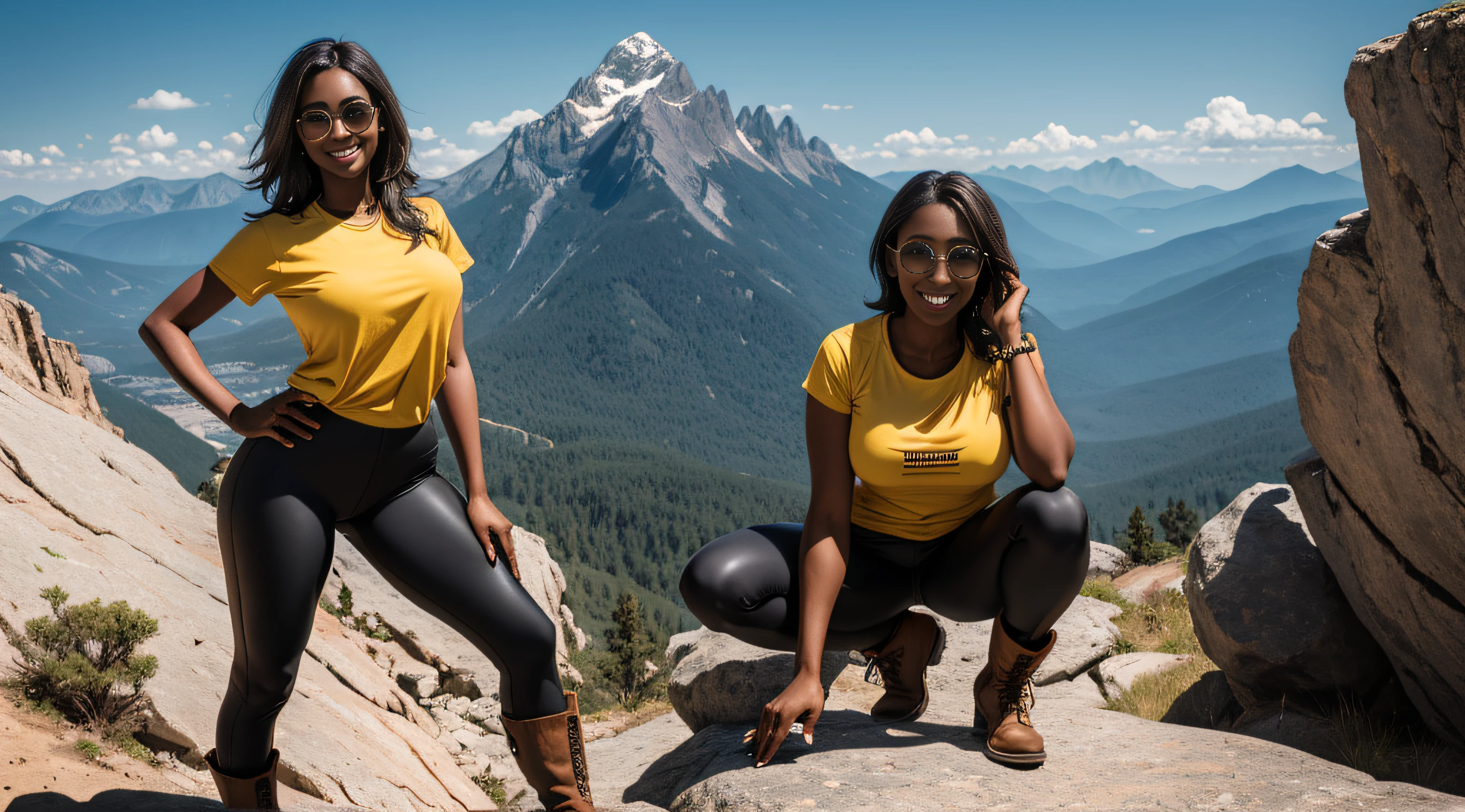 {Please make sure there are no other people in the image}, (masterpiece:1.2), (best quality:1.2), ((one woman only)), ((full body image)),very huge breasts, dark skin, black woman, brown hair, short straight hair, Happy smile, realistic and detailed hands, realistic and detailed face, realistic and detailed tooth, realistic and detailed foots, realistic and detailed face, extremely muscular, aviator sunglasses, mountain background, yellow t-shirt, black legging, leather short boots, climbing a rock.