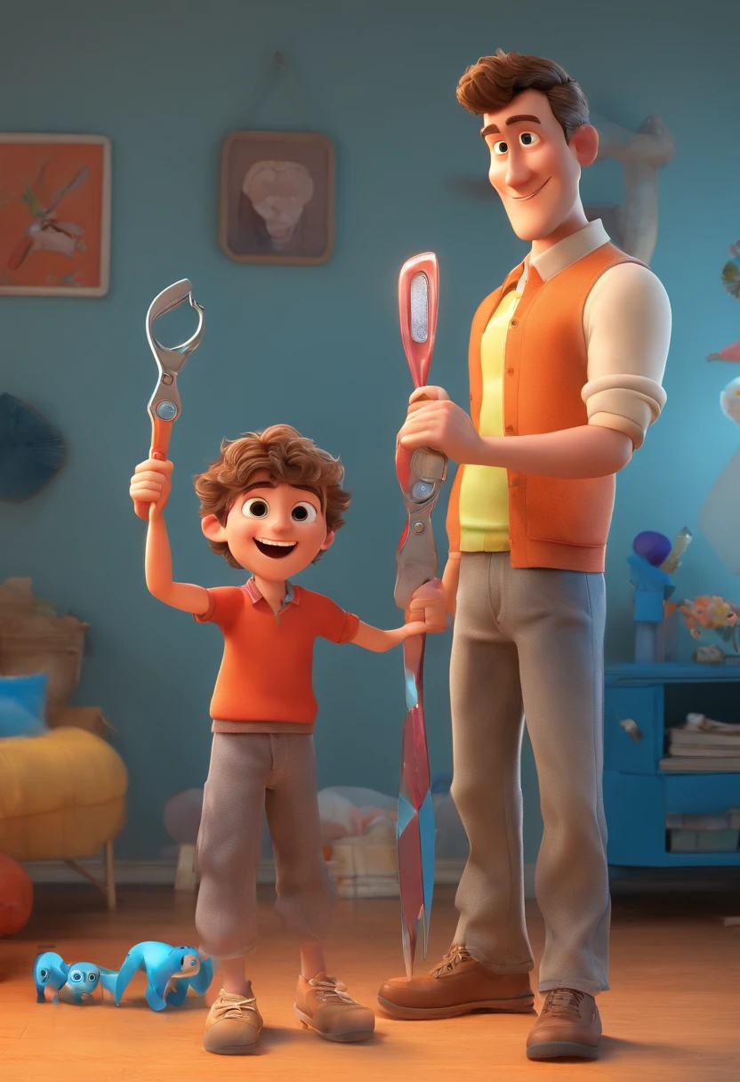 Estilo Pixar: The grown man is holding a naked blue-eyed boy and in his other hand he is holding a pair of scissors and is trying to cut off the boy's testicles,3D Poster,Disney