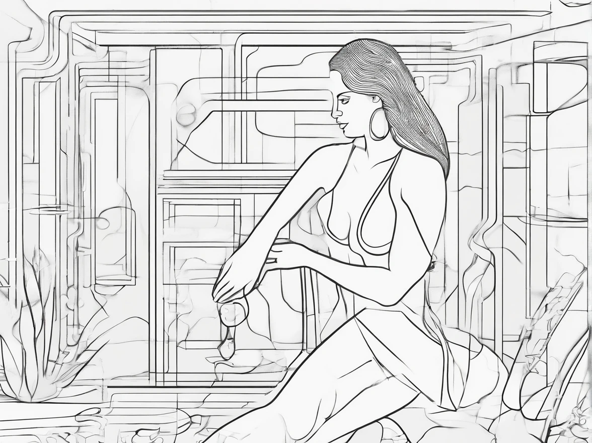 coloring page with the outline of a female figure, the whole body, only a schematic outline of the body, no clothes, no background