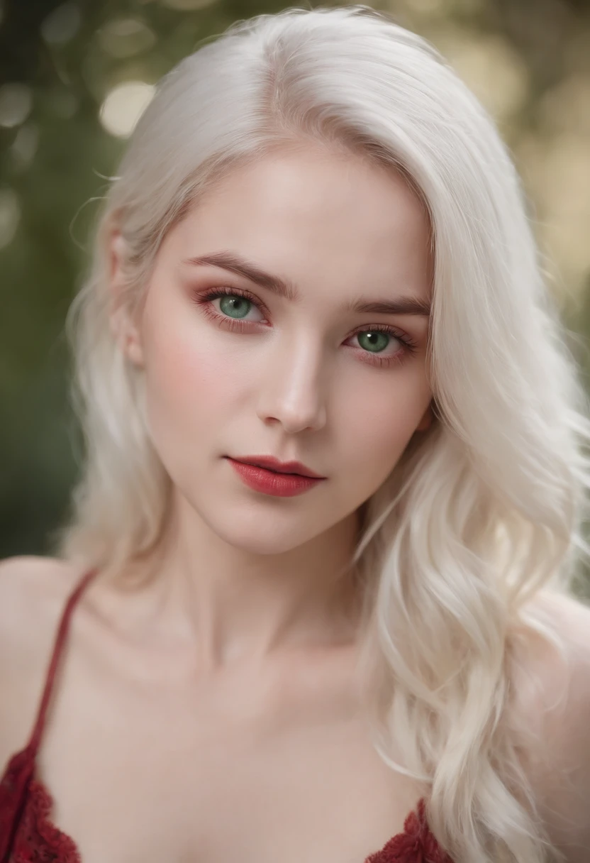 (((a deep reddish wound crosses her left cheek))) fair complexion, woman around 19 years old, natural white hair, distinctive green eyes, wearing kohl, slender and graceful, beautiful, ultra sharp focus, realistic shot, tetradic colors (scar:1.4), big boobs, red lingerie, full body
