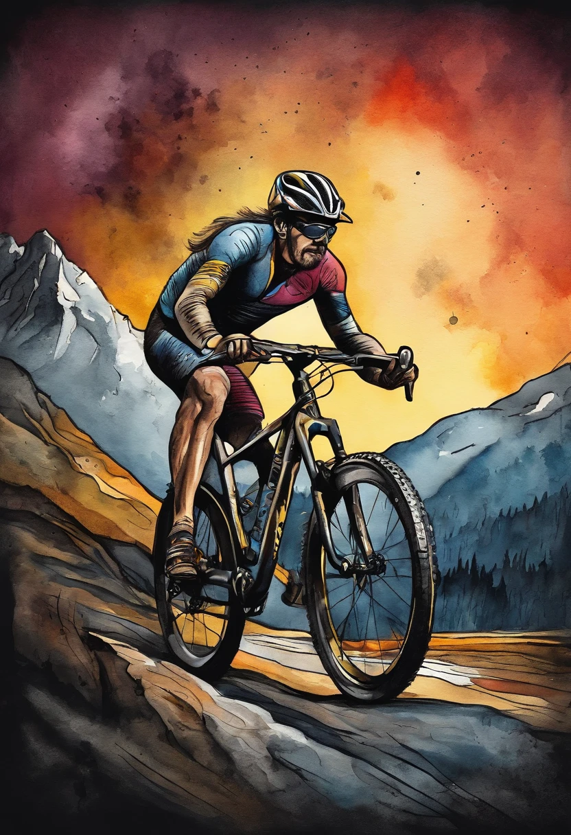 logo para ciclismo de montanha, montanha no fundo, lobo feroz na frente, metalico, dourado e preto,