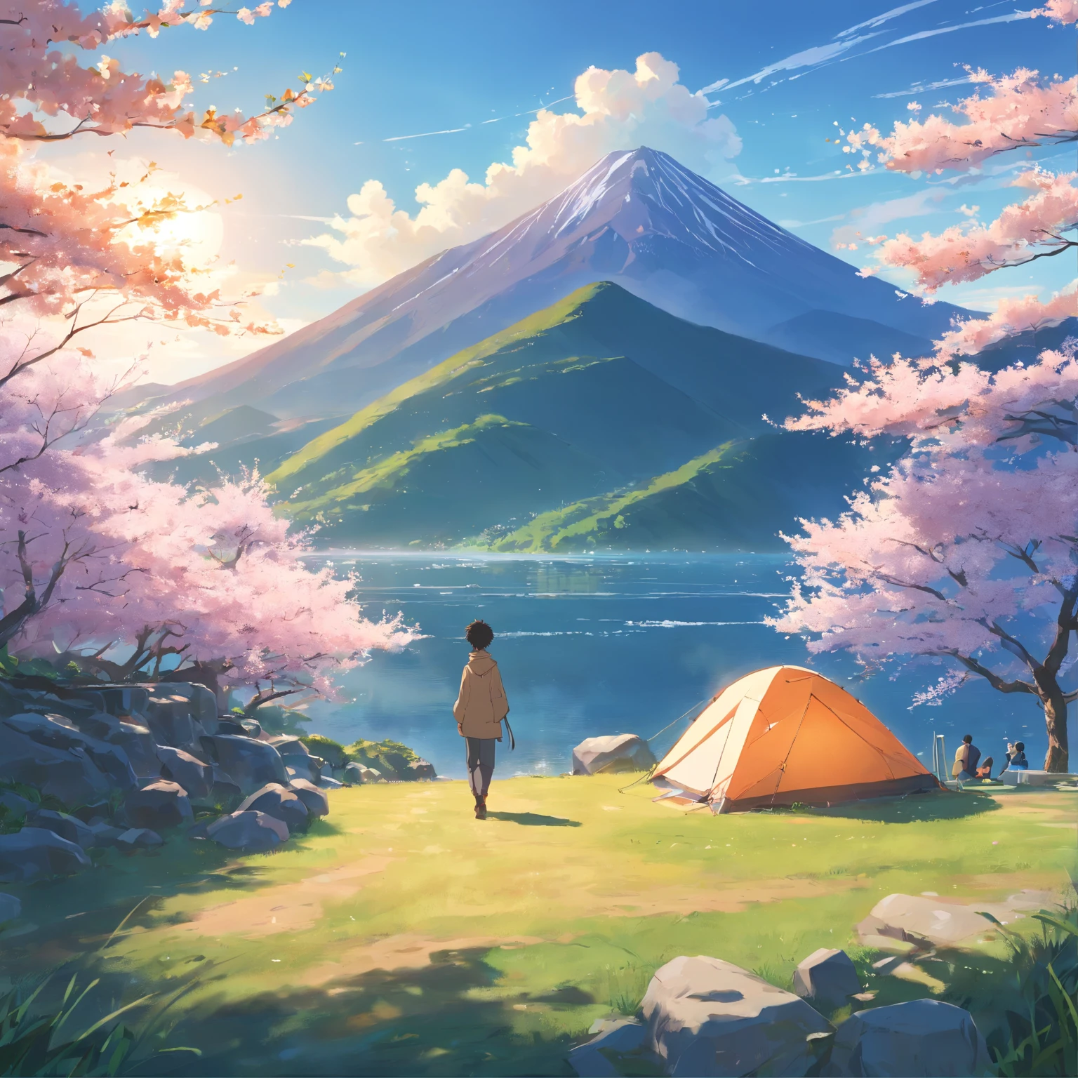 Halfway up the mountain,On the right is the tent,There is a lake under the mountain,In the distant background is a large mountain,The morning sun hit the tent,There are several small cherry blossom trees next to the tent,Faraway view,a brown skin men, afternoon time