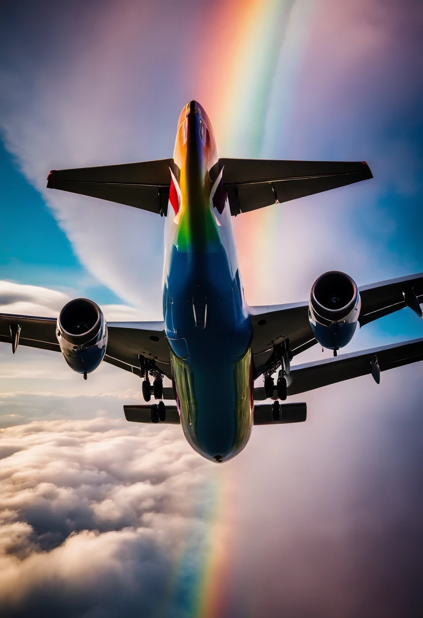 Close-up portrait of an airplane flying in the sky with clear iridescent clouds, Amazing skies, Amazing skies, Stunning rainbow colors, Vivid iridescent colors, A very colorful heaven, Amazing reflections of the sky, Colorful clouds, Colorful iridescent colors, Rainbow clouds, Rainbow clouds, Iridescent colors floating in the sky, Iridescent reflections, Magnificent iridescent colors, Beautiful rainbow, Colorful sky, Rainbow from the sky、Jumbo Jet