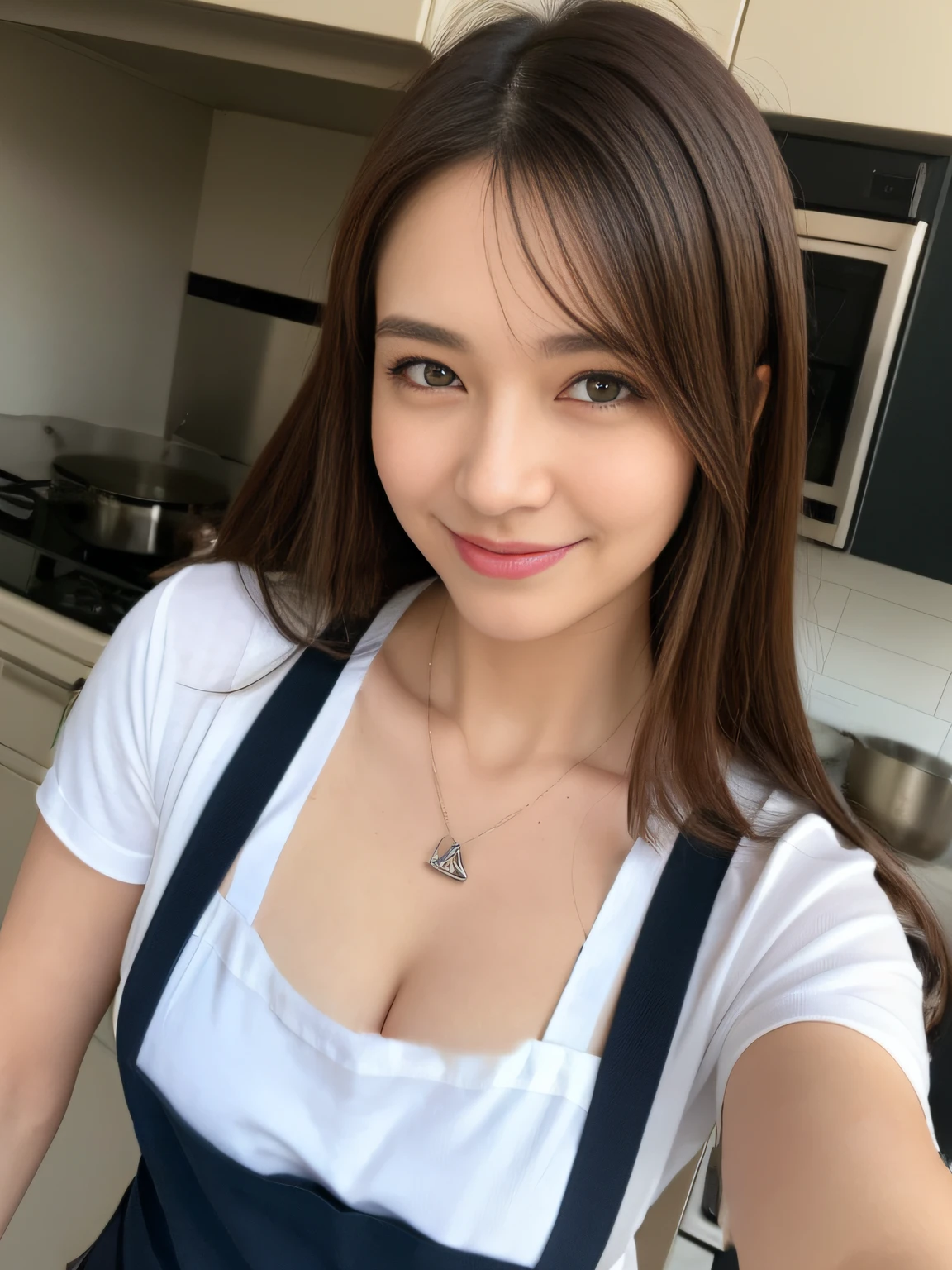 (highest quality、8k、masterpiece:1.3)、Beautiful woman with perfect figure:1.4、Dark brown long hair、30 years old、Wearing a pendant、Wearing a blue apron、White shirt、Wide open chest、Emphasize cleavage、In the kitchen、Highly detailed face and skin、Fine grain、double eyelid、Big Breasts 、Laughter、 Big Asuscular,full body,立ち絵, 口を開ける, 大きな胸,
