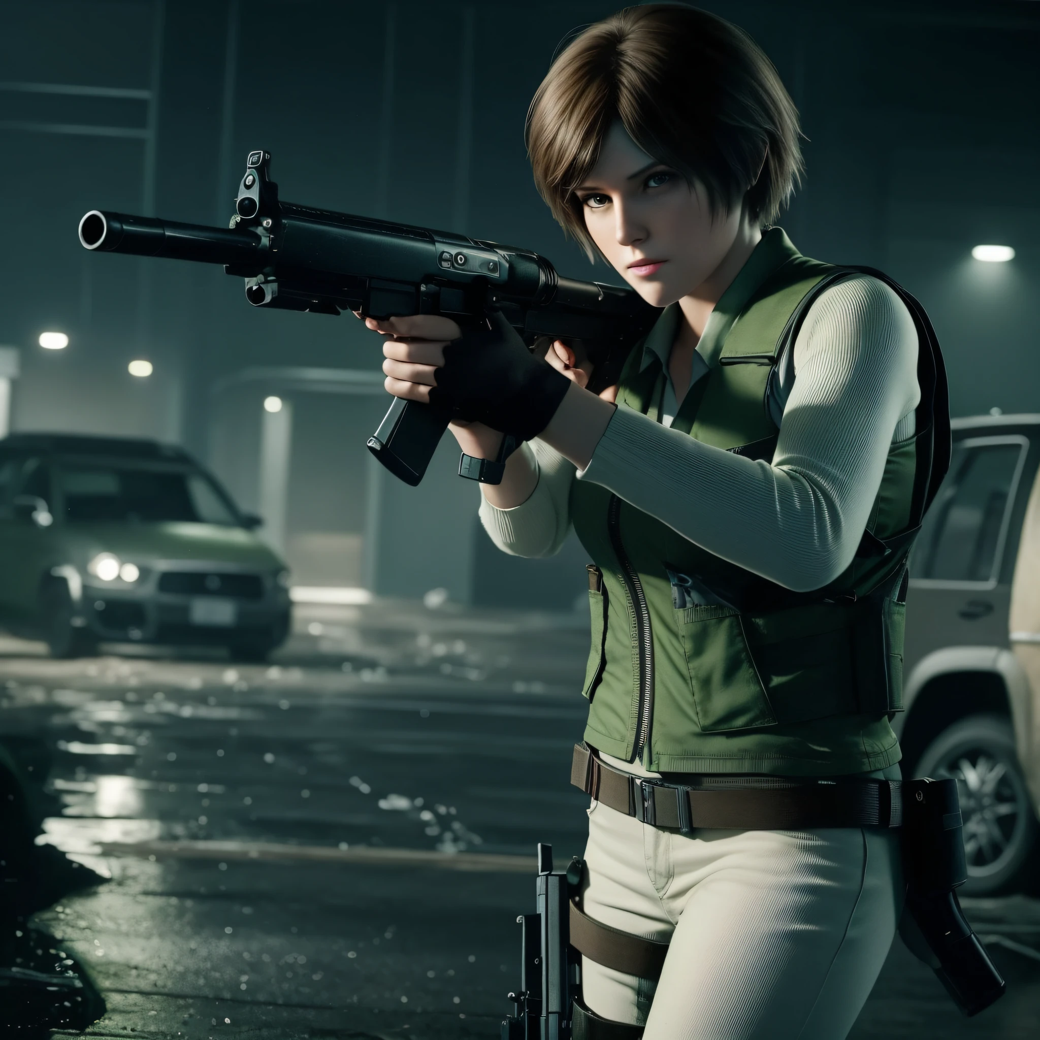 beautiful face, shy, short bob brown hair, perfect face, Rebecca chamber from resident evil, white jeans, green vest Long-sleeved dirty, holding a gun