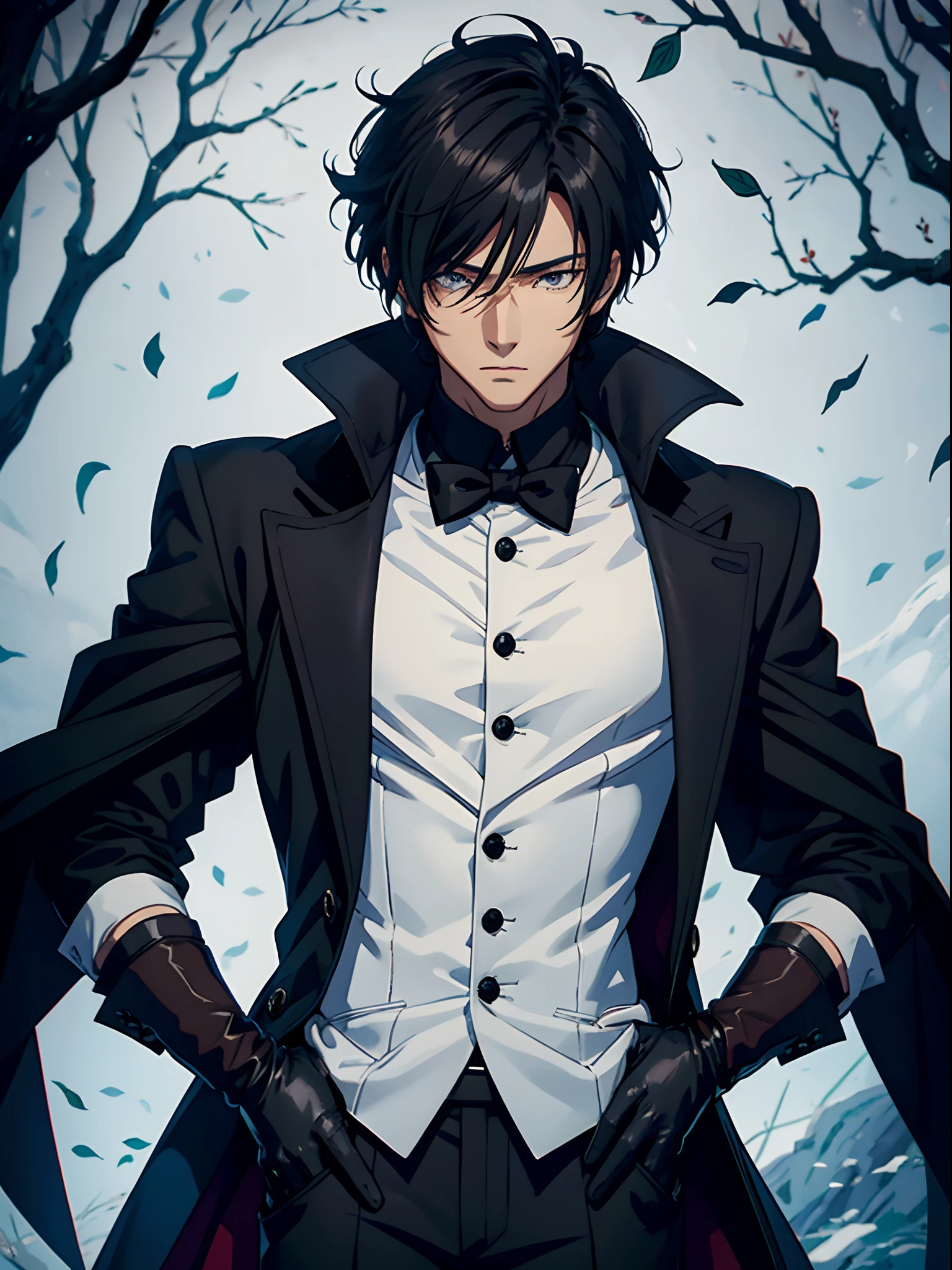 black tree leaves, handsome anime man in a long coat and gloves