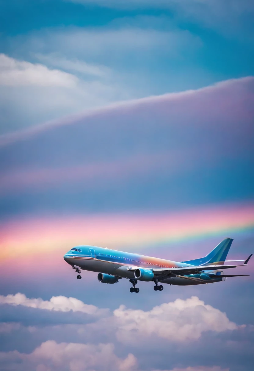 Close-up portrait of an airplane flying in the sky with clear iridescent clouds, Amazing skies, Amazing skies, Stunning rainbow colors, Vivid iridescent colors, A very colorful heaven, Amazing reflections of the sky, Colorful clouds, Colorful iridescent colors, Rainbow clouds, Rainbow clouds, Iridescent colors floating in the sky, Iridescent reflections, Magnificent iridescent colors, Beautiful rainbow, Colorful sky, Rainbow from the sky、Jumbo Jet