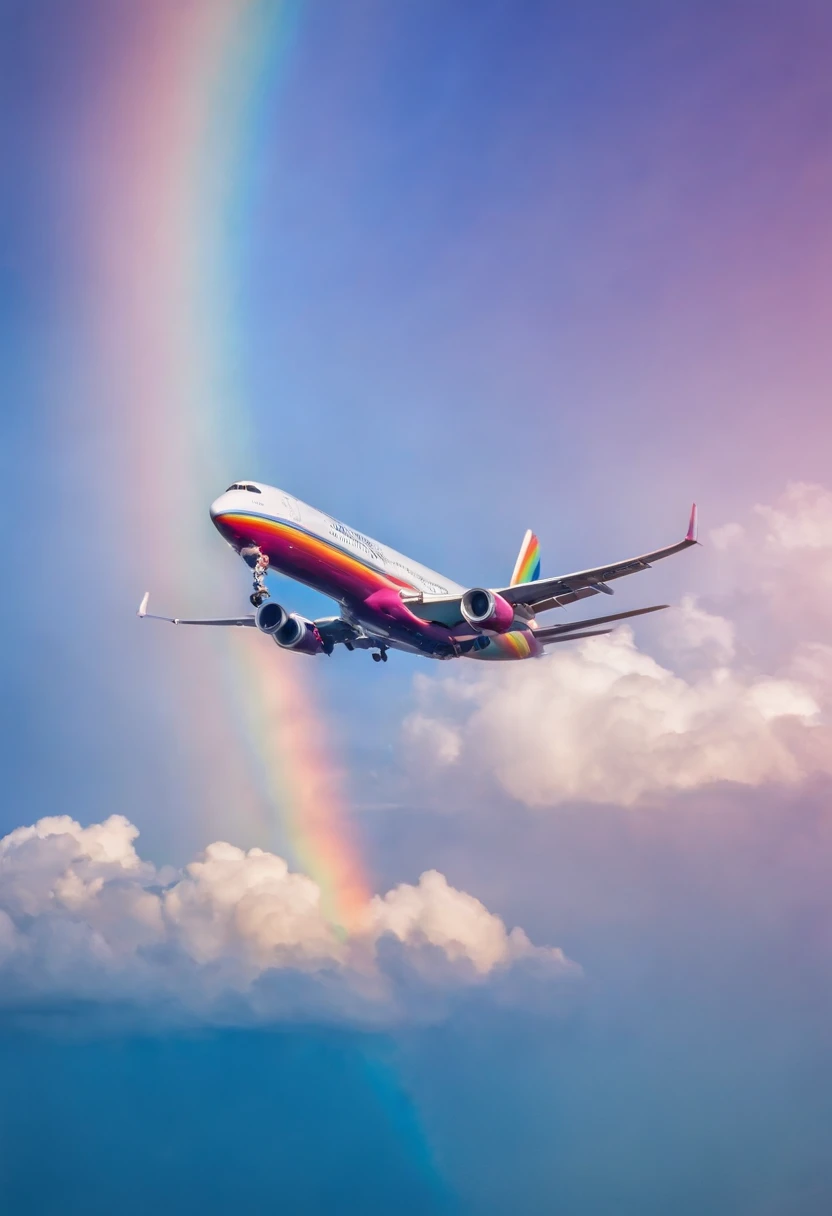 Close-up portrait of an airplane flying in the sky with clear iridescent clouds, Amazing skies, Amazing skies, Stunning rainbow colors, Vivid iridescent colors, A very colorful heaven, Amazing reflections of the sky, Colorful clouds, Colorful iridescent colors, Rainbow clouds, Rainbow clouds, Iridescent colors floating in the sky, Iridescent reflections, Magnificent iridescent colors, Beautiful rainbow, Colorful sky, Rainbow from the sky、Jumbo Jet