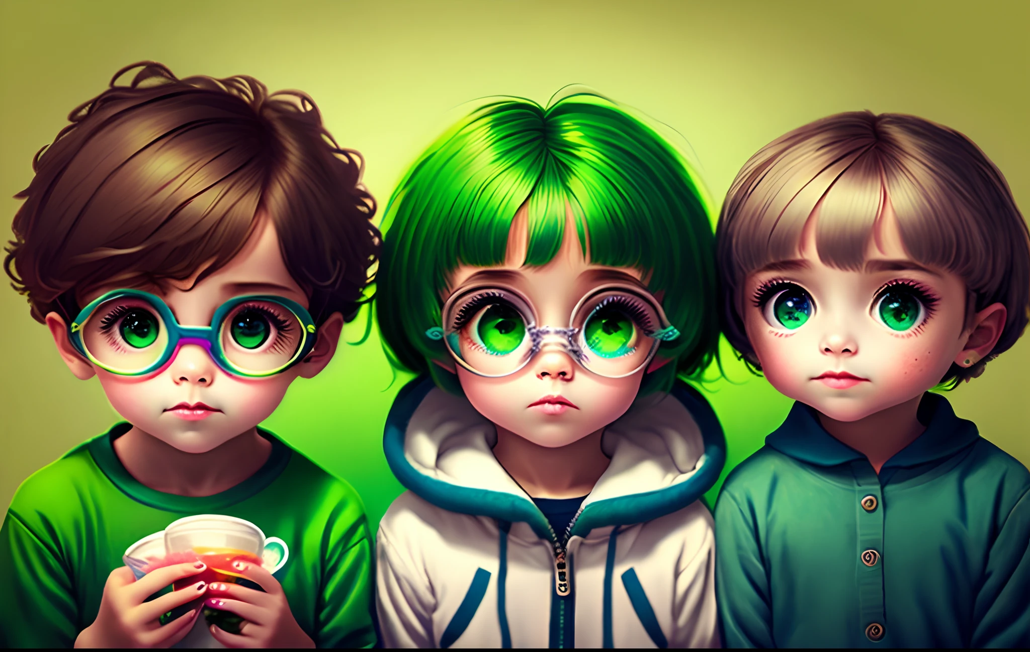 Estilo Pixar pai loiro de olhos verdes com dois filhos meninos um de sete anos  loiro olho verde e outro de dois cabelo castanho claro e olho verde, e uma filha loira de cinco anos