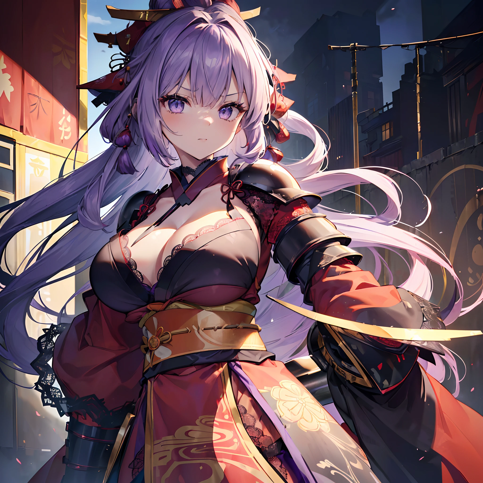 Wrapped in a powerful set of armor. The metal plate is decorated with an intricate design,Reminiscent of a flickering flame licked on the surface.maid,(8K, Best quality, tmasterpiece:1.2),\(eye detailed\),\(Facial features\),(\(Clothes detail details\)\),full bodyesbian,(huge tit,Colossal tits),(Facial focus) ,Very detailed CG unity 8K wallpaper,hugefilesize,ultra - detailed,A high resolution,absurderes,beautidful eyes,Ray traching,dramatic shadow,finely detailled,Dramatic angles,Hyper-detailing,(1 girl:1.3),(Solo),Mature female,thick thight, busty figure,(/(komono,Red clothes,Put the armor on the kimono,Purple-black armor:1.3)/),((Long set,Red sleeves,Cut-out lace cuffs:1.4))