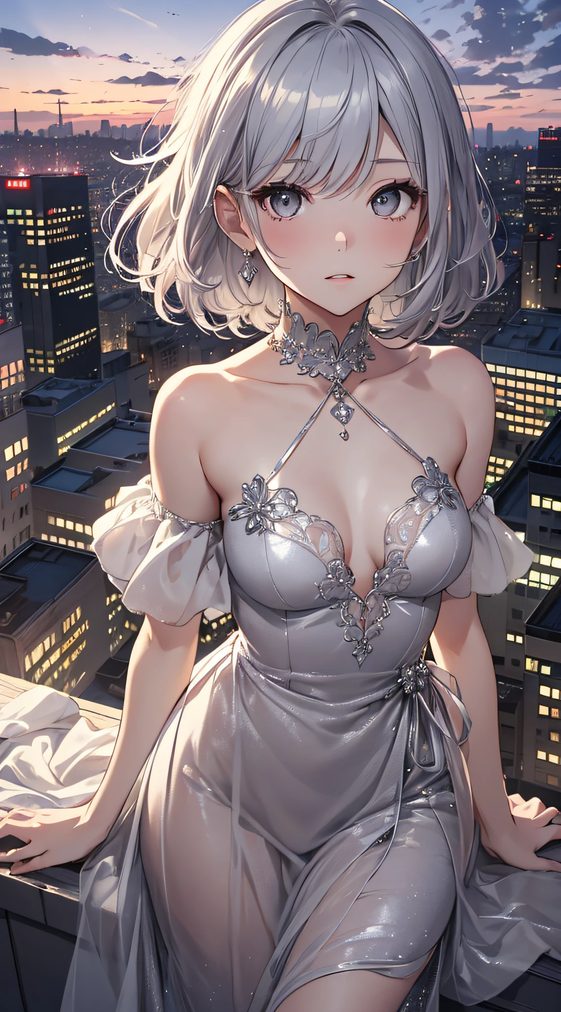 top-quality、Top image quality、​masterpiece、girl with((sixteen years old、small tits,beautiful silver eyes、Breasts wide open,Silver-haired shorthair、Bundled hair、A slender、Slouching posture、Silver dress、Reflecting the whole body、Silver hair ornament)）hiquality、Beautiful Art、Background with((On the rooftop、Beautiful night view、meteors)))masutepiece、visualart、depth of fields、