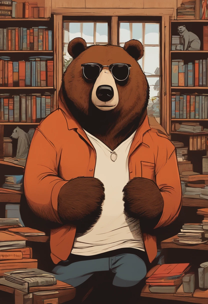 homem loiro estilo desenho animado, Pixar, wearing round glasses, segurando um revolver, camisa preta, urso fugindo, titulo: Where's the bear.