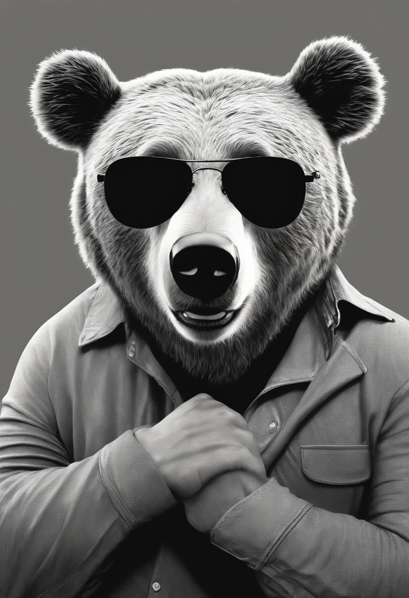 homem loiro estilo desenho animado, Pixar, wearing round glasses, segurando um revolver, camisa preta, urso fugindo, titulo: Where's the bear.