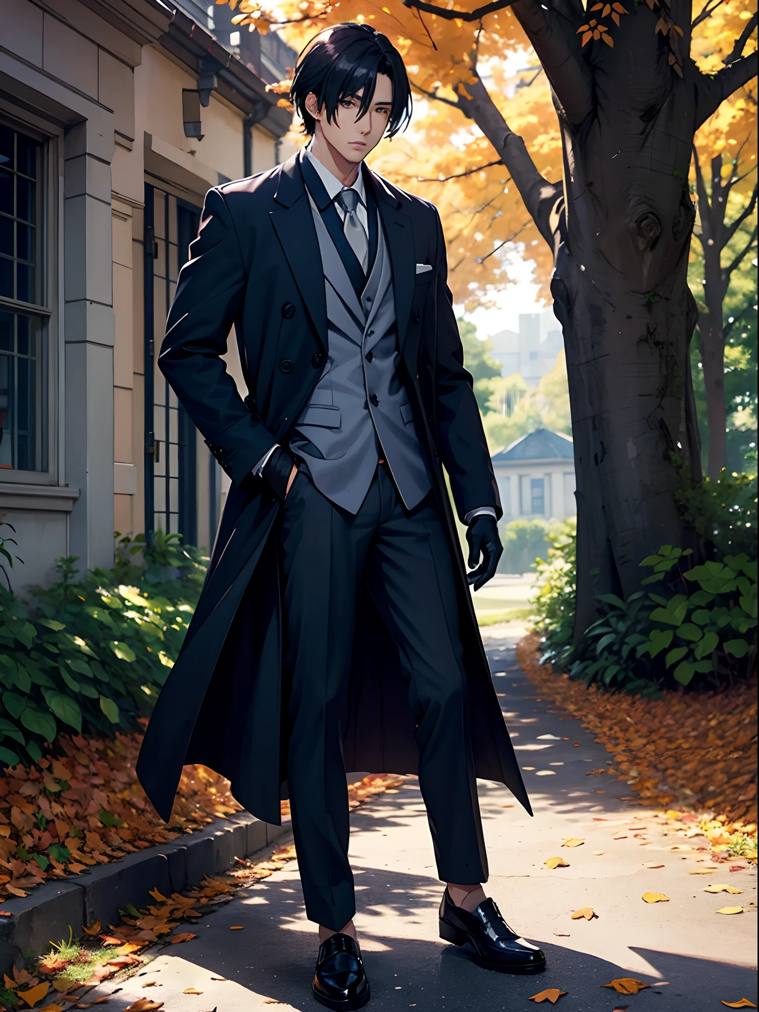 black tree leaves, handsome anime man in a long coat and gloves, casual style