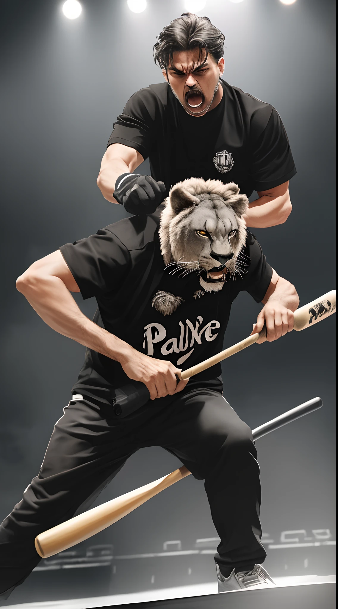 Roaring lion wearing black shirt written "Paulo Parente", With a baseball bat in his hand on top of a stage