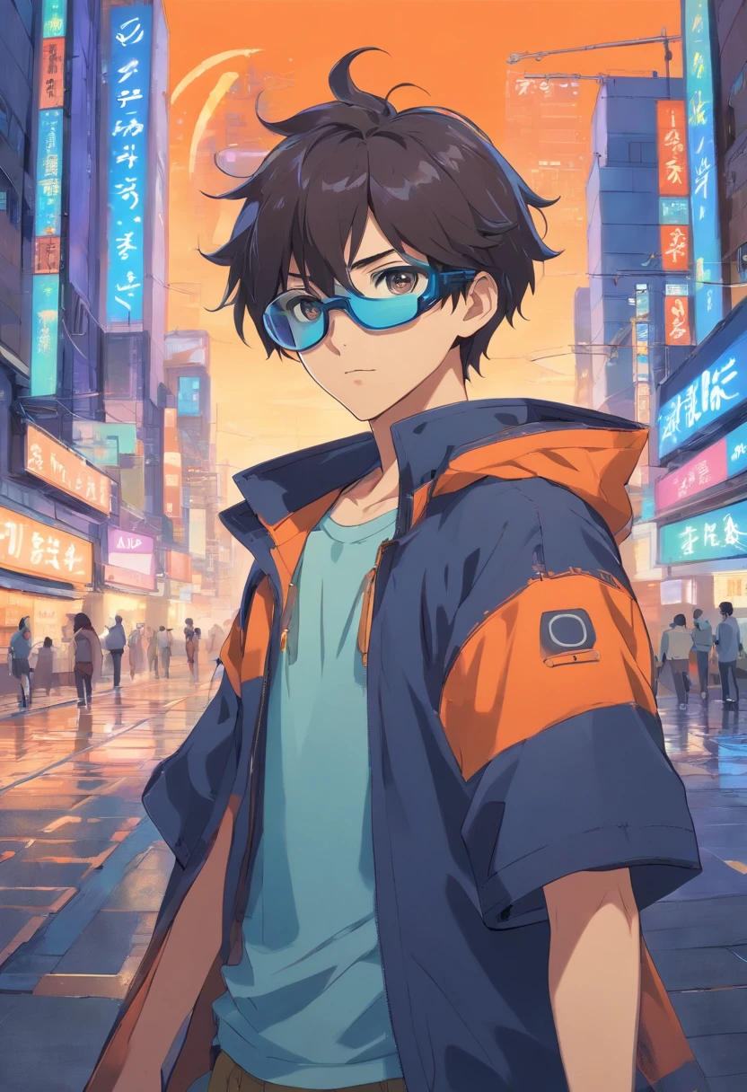 curto, penteado encaracolado permeado, preto de cabelo curto anime masculino, wearing goggles, corpo inteiro, Wearing Orange Setting, camisa azul, CIDADE CYBERPUNK, estilo Junji Ito