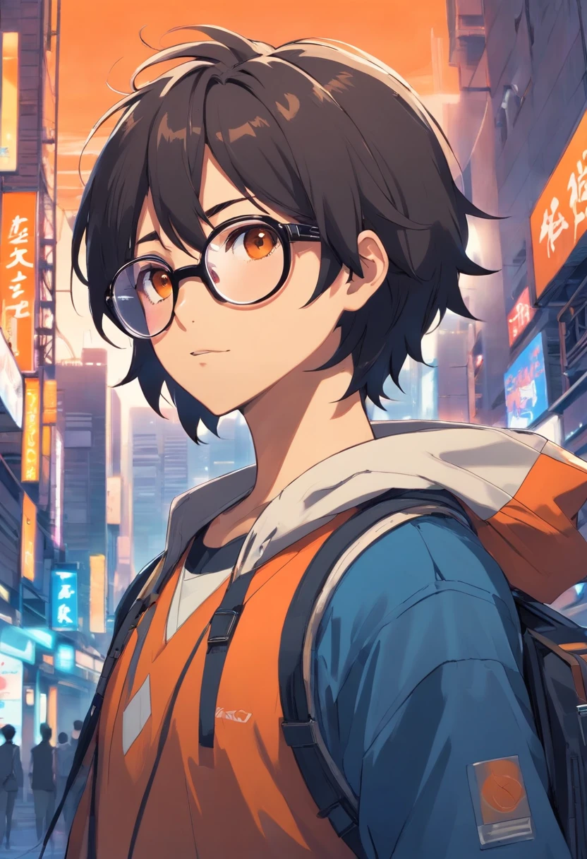 curto, penteado encaracolado permeado, preto de cabelo curto anime masculino, wearing goggles, corpo inteiro, Wearing Orange Setting, camisa azul, CIDADE CYBERPUNK, estilo Junji Ito