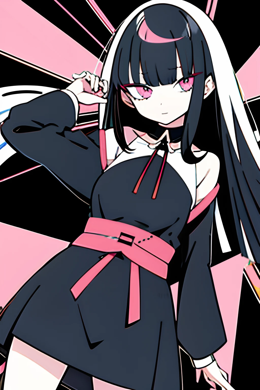 (2D)、(flat-colors)、(colourfull),1girl in,独奏,Look at viewers,Black hair、Pink eyes、hime-cut、With bangs、straight haired、length hair、Hair flowing from the neck to the chest、The right eye is pink、The left eye is pale green、hightquality、hime-cut, Tidy hair，By bangs,Himecut hairstyle, Long grey hair，thick bangs, black hime-cut hair, Long hair with bangs, long straight bangs,Larisa Manobal, By bangs, Straight hairstyle、big breasts